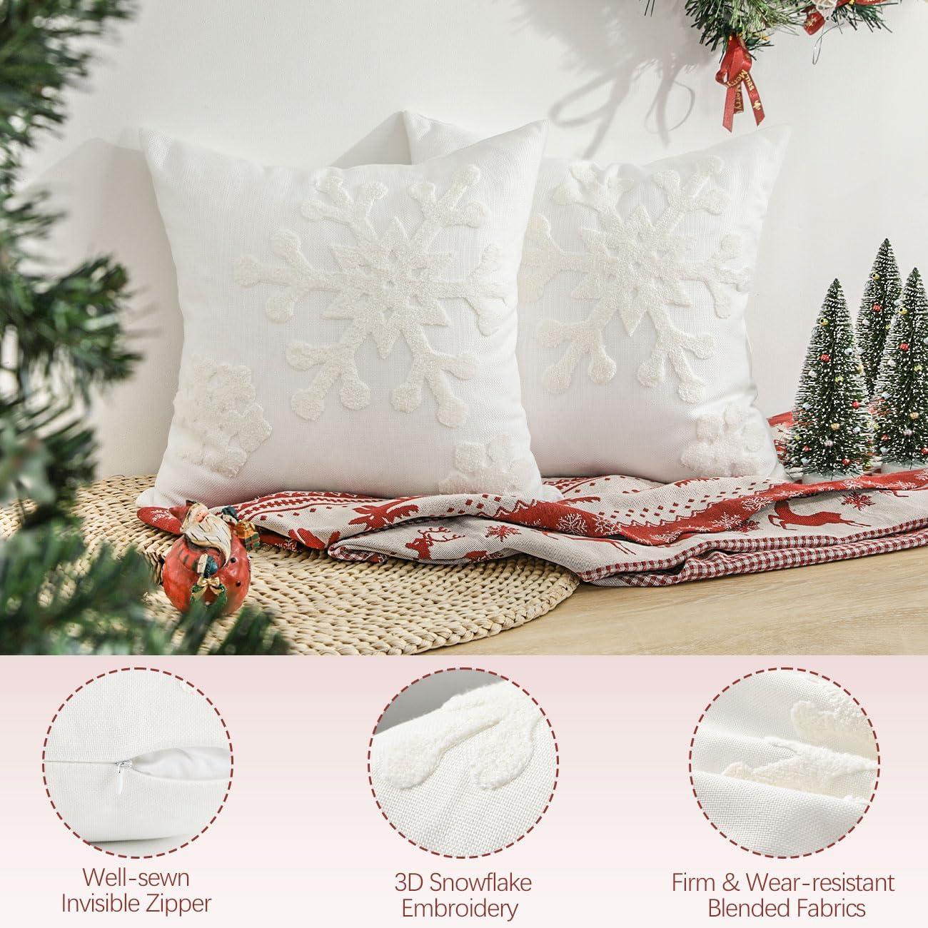 White Polyester Embroidered Snowflake Christmas Throw Pillow