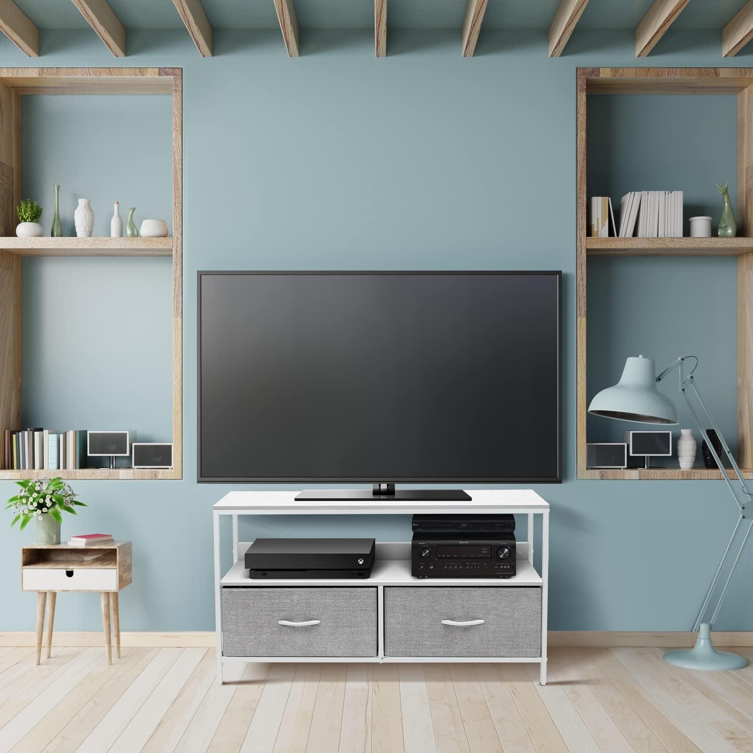 White Steel Frame TV Stand with Fabric Drawers