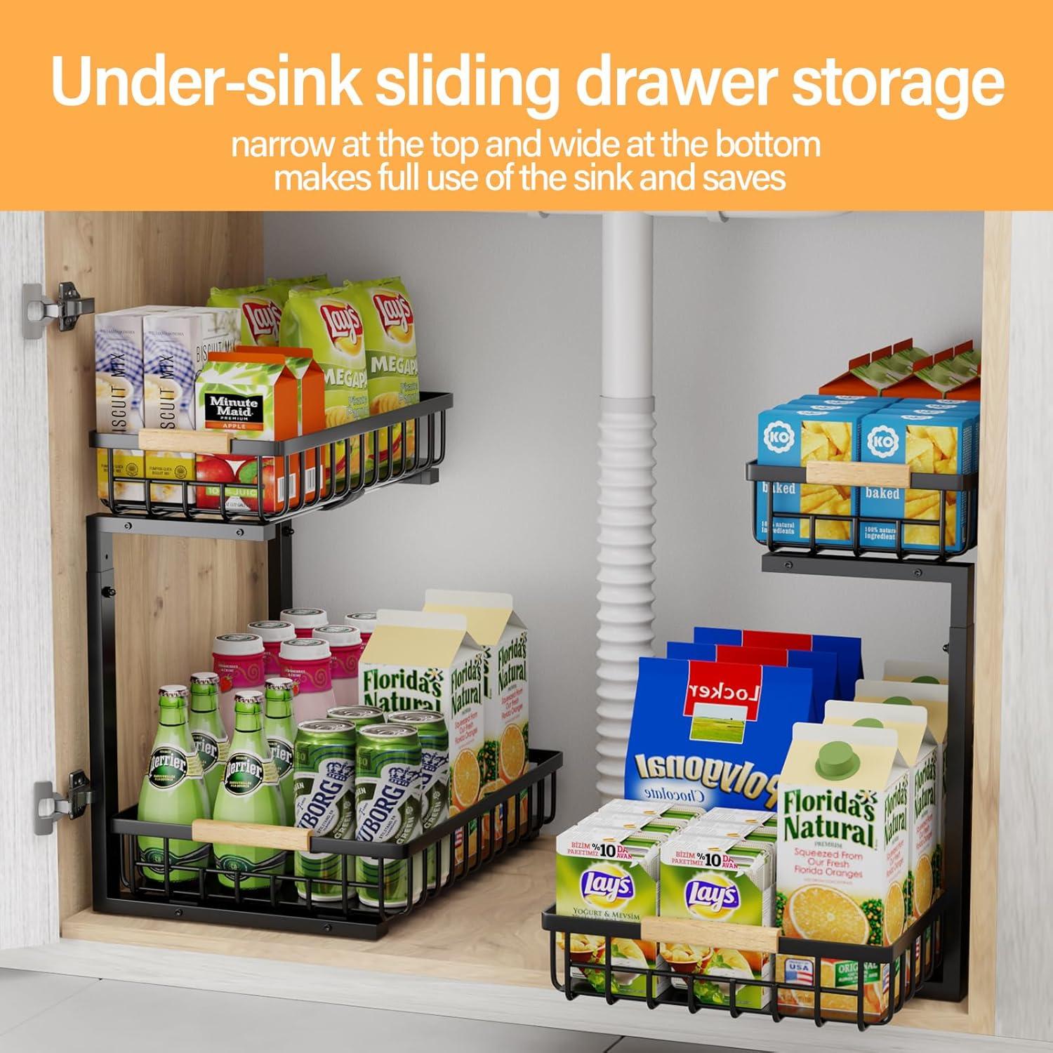 Under Sink Organizers and Storage, 2 Pack Pull Out Kitchen Bathroom Cabinet Organizer, 2 Tier Black Under Sink Storage for Bathroom Kitchen, Under Counter Storage Organizer with 8 Hooks