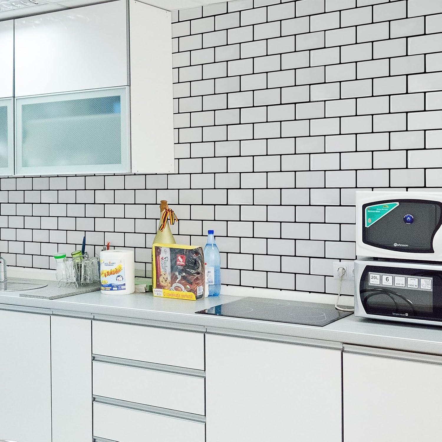 Art3d Peel and Stick Backsplash Tile, 10-Sheet Stick on Subway Tiles for Kitchem, Bathroom Back Splashes, 12"x12", Warm White with Black Grout