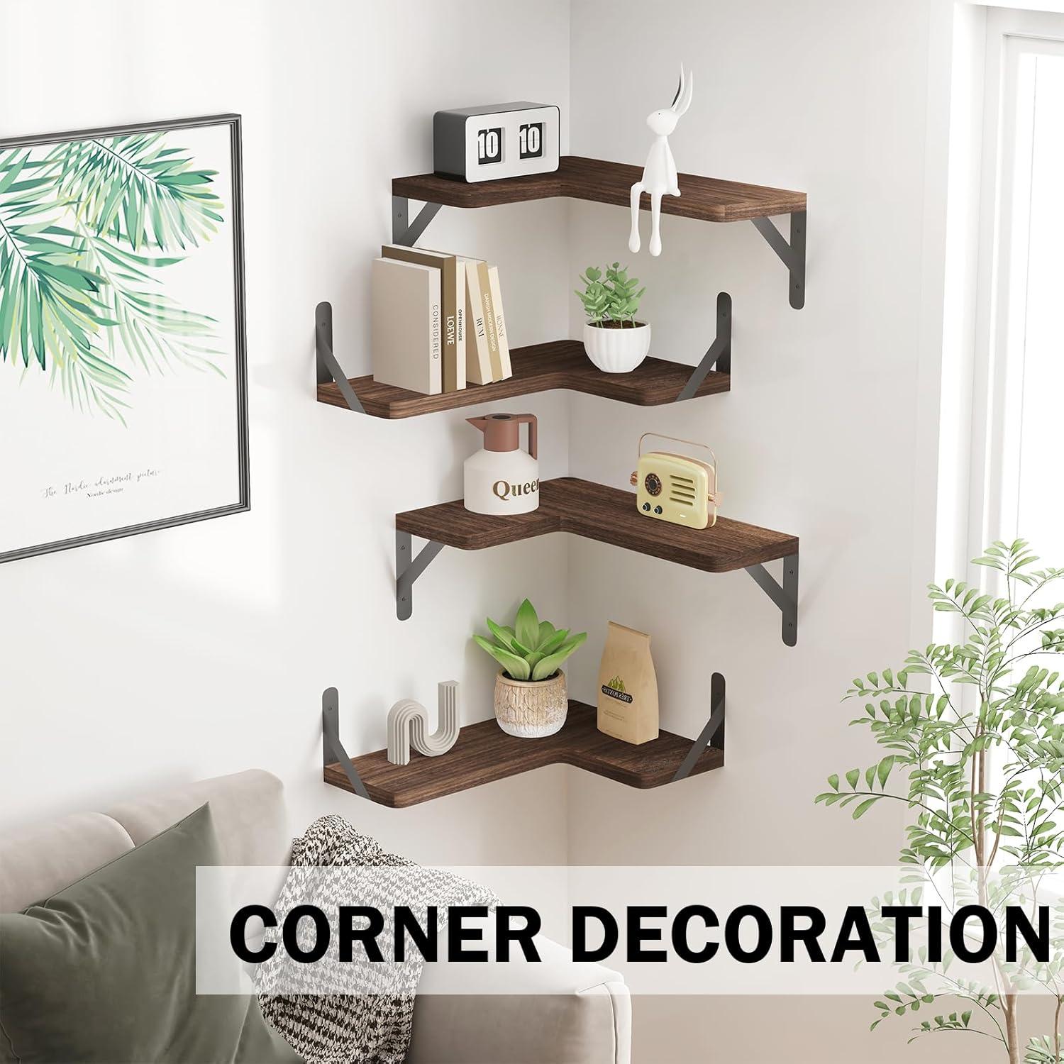 Brown L-Shaped Wooden Corner Floating Shelves Set of 4