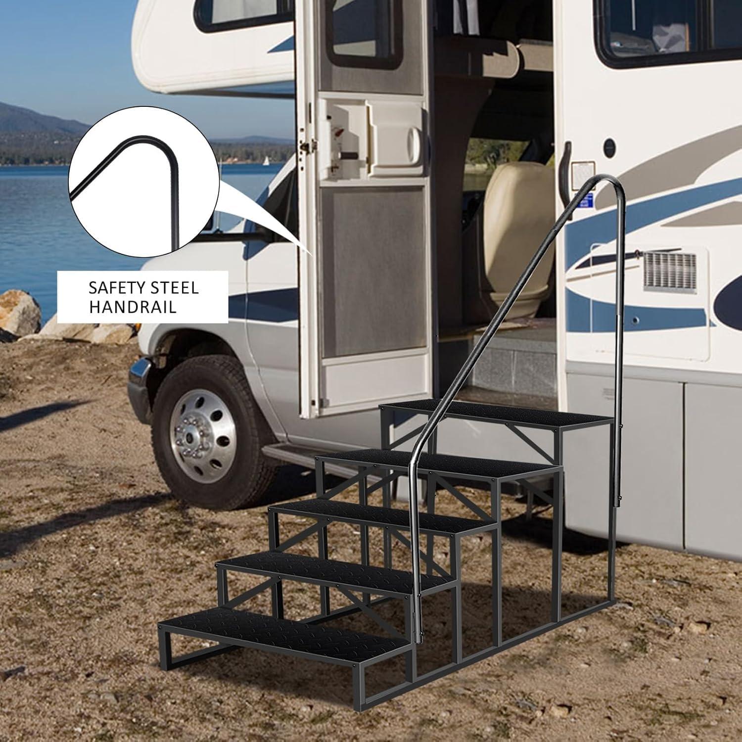 Tcbosik RV Steps with Handrail, 5 Steps Ladder Hot Tub Steps, Portable Stairs Step with Anti-Slip Panel, Heavy Duty Metal Mobile Home Stairs for Outdoor RV Step, Camper Trailer, Black