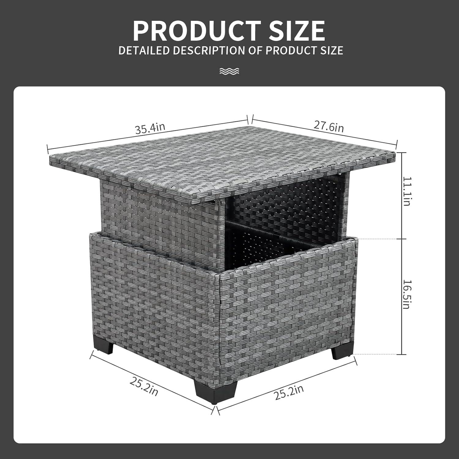 Silver Gray Liftable PE Wicker Outdoor Coffee Table with Storage