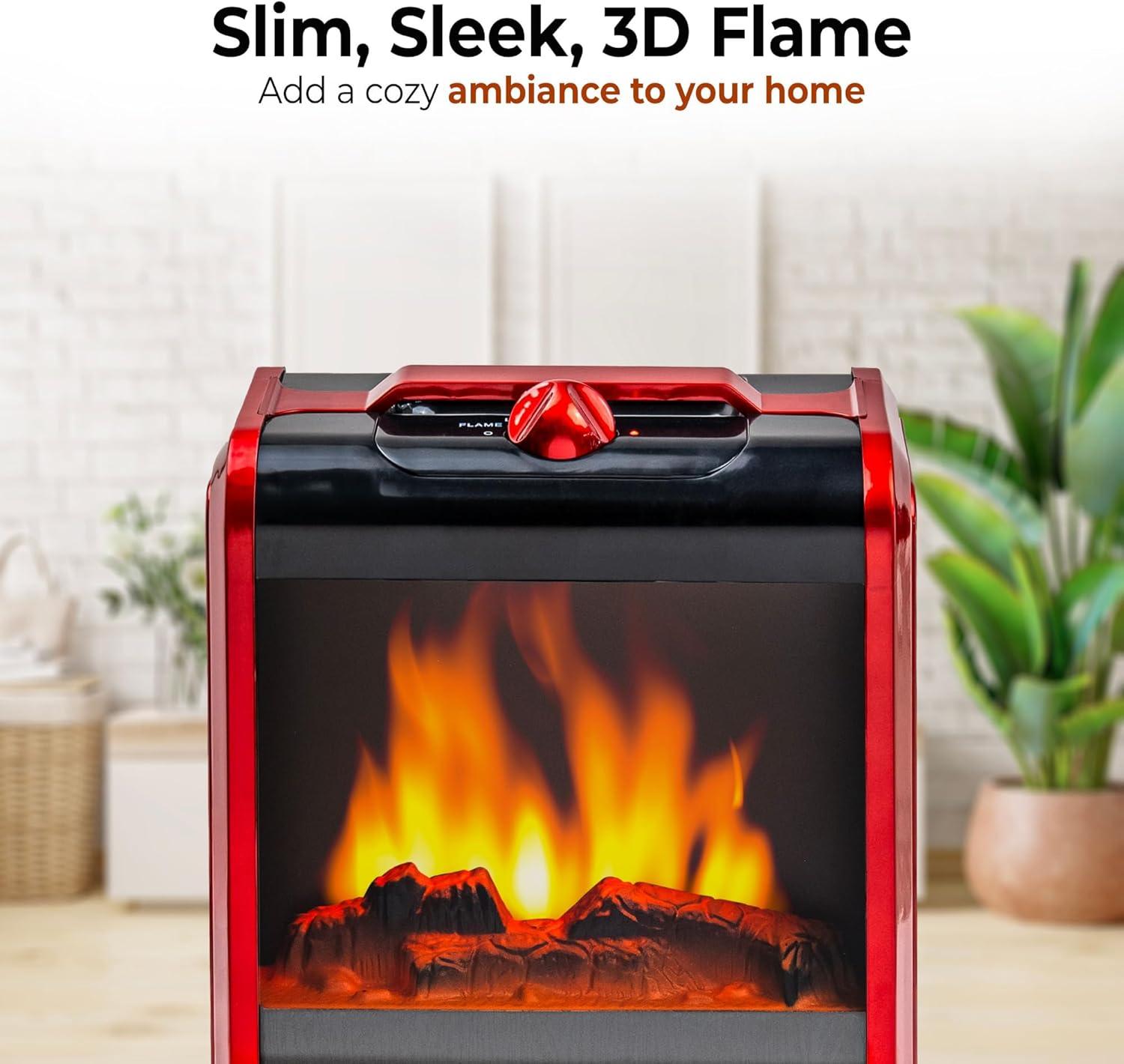 Compact Red Electric Mini Fireplace Heater with 3D Flame