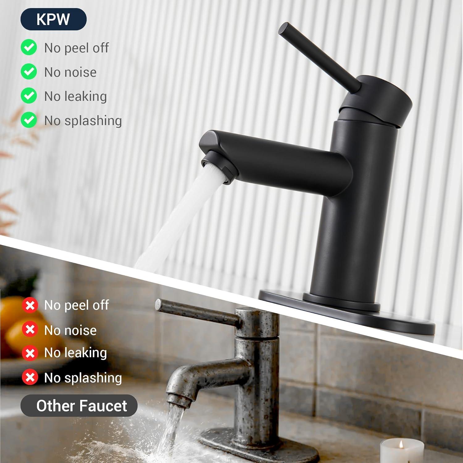 Bathroom Sink Faucet One Hole,Lavatory Tap for Basin,Matte Black Bathroom Sink Faucet with Metal Pop Up Drain Assembly， Bathroom Faucet 1 Hole with 3 Hole Deck Plate