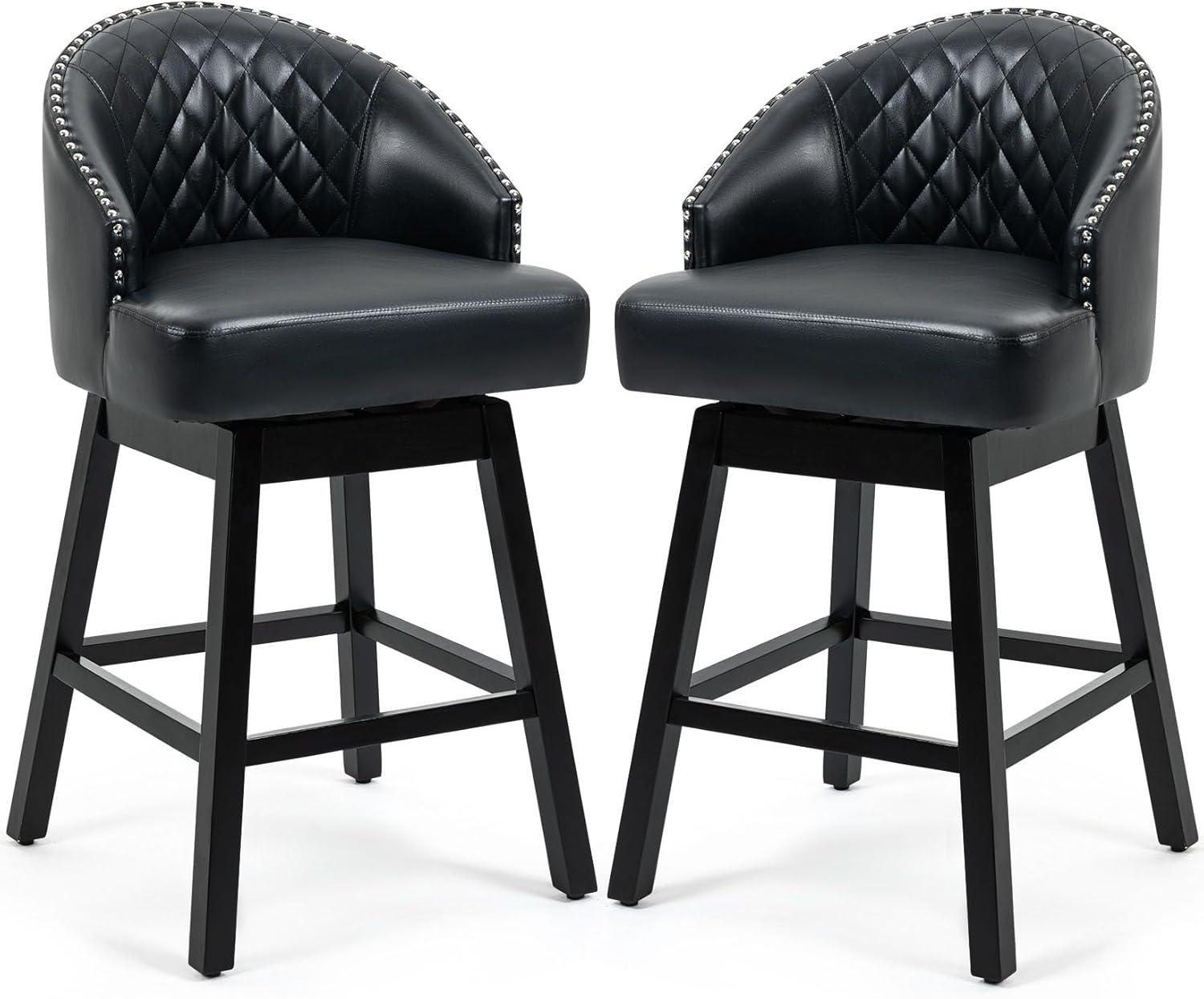 ECOTOUGE Swivel Barstools Set of 2, 29" Seat Height Bar Stools with Back & Rubber Wood Legs, PU Leather Counter Stools for Kitchen Island, Dining Room, Pub & Cafe (2PCS,Black)