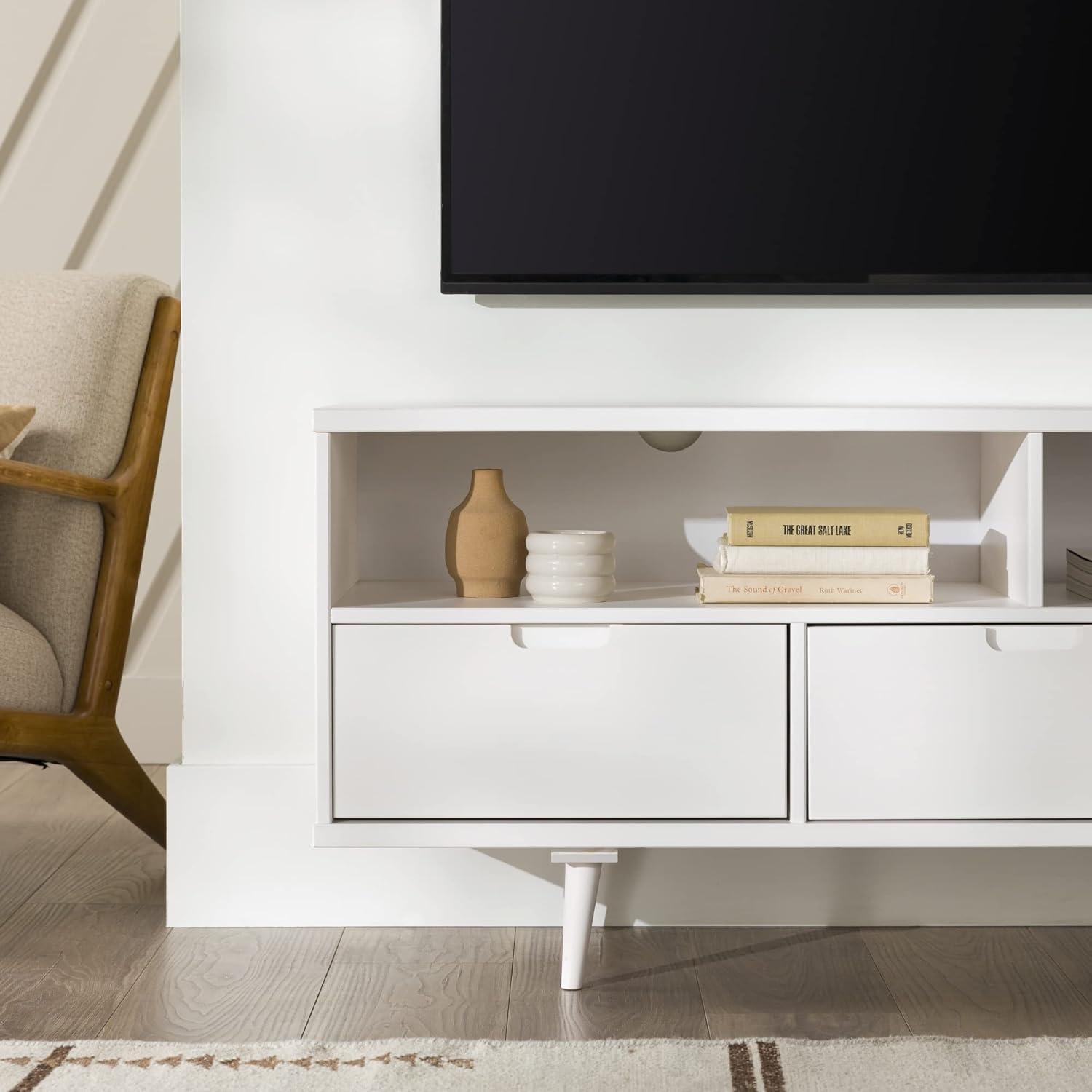 White Solid Pine Wood 58" TV Stand with Cabinet