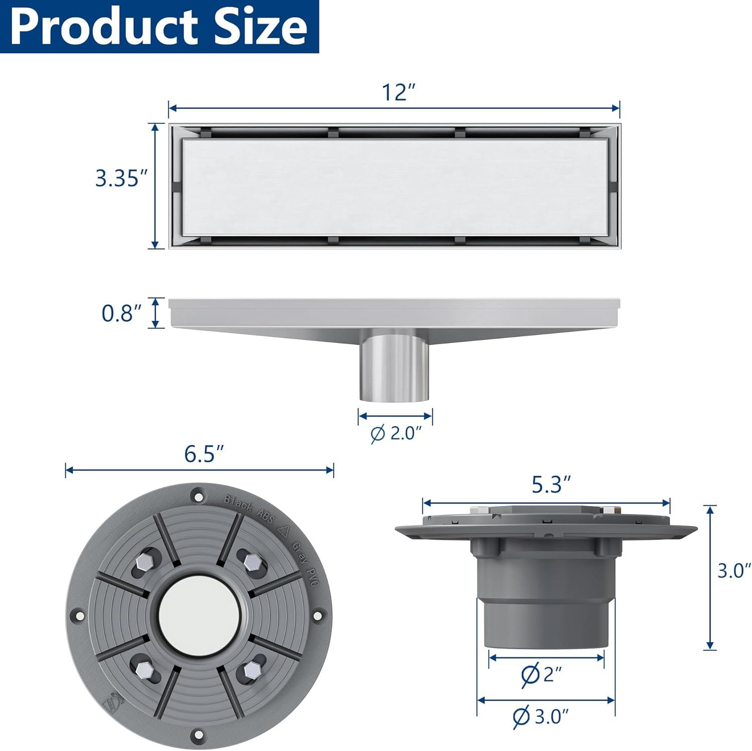 Neodrain 12-Inch Linear Shower Drain with 2-in-1 Flat & Tile Insert Cover, Brushed 304 Stainless Steel Rectangle Shower Floor Drain,Floor Shower Drain with Hair Strainer 12 In Stainless Steel