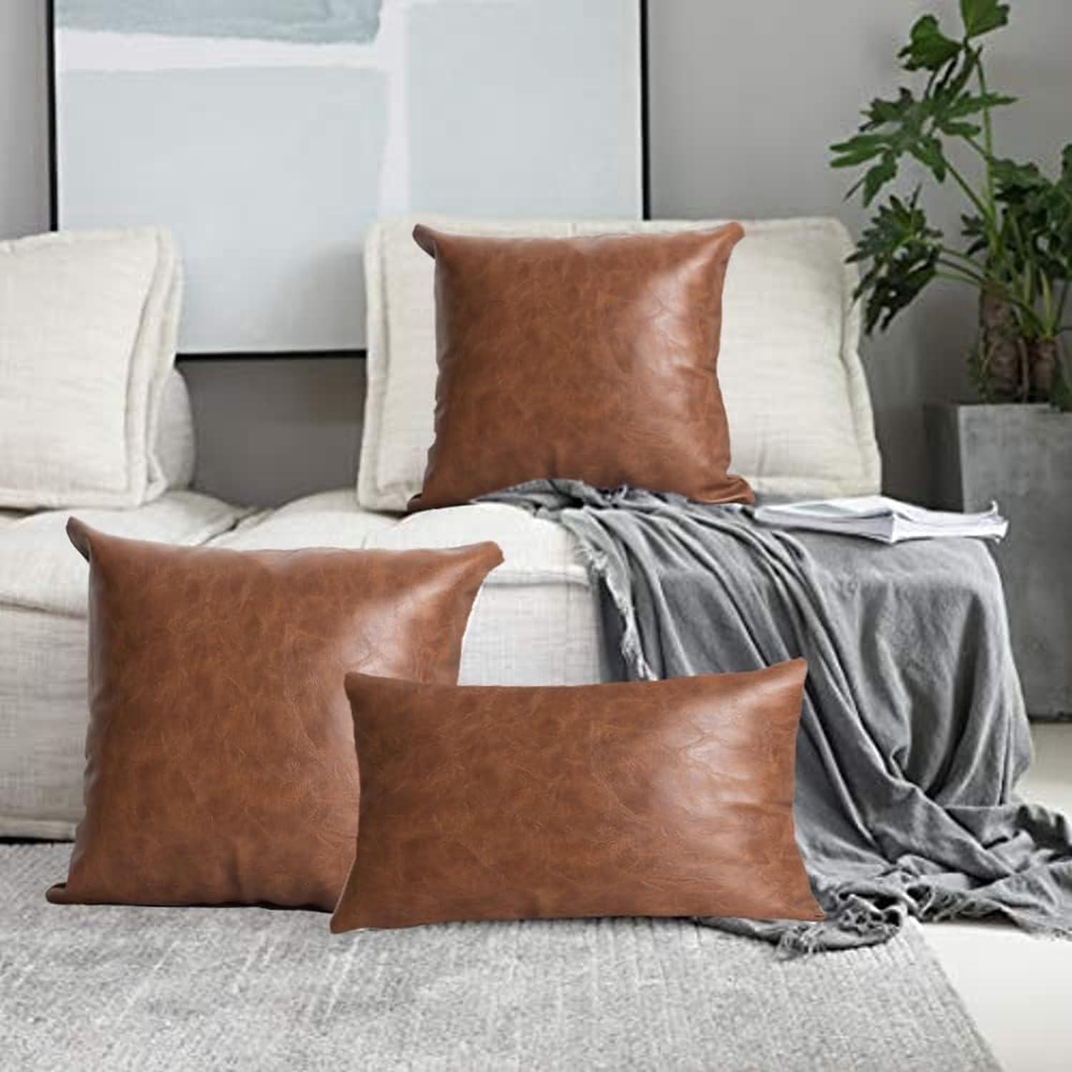 Faux Leather Throw Pillow Covers 18X18 Inch Set of 2 Brown Outdoor Modern Farmhouse Solid Decorative Pillow Covers for Room Couch Living Bedroom Bed Sofa