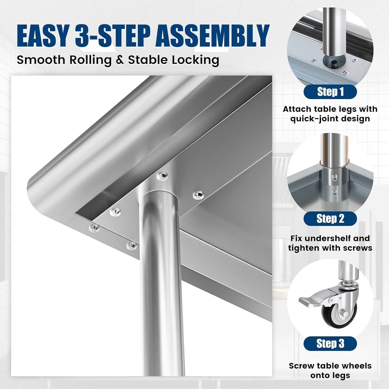 Sakiyr Stainless Steel Work Table, Heavy Duty Commercial Food Prep Table with Undershelf for Home Kitchen