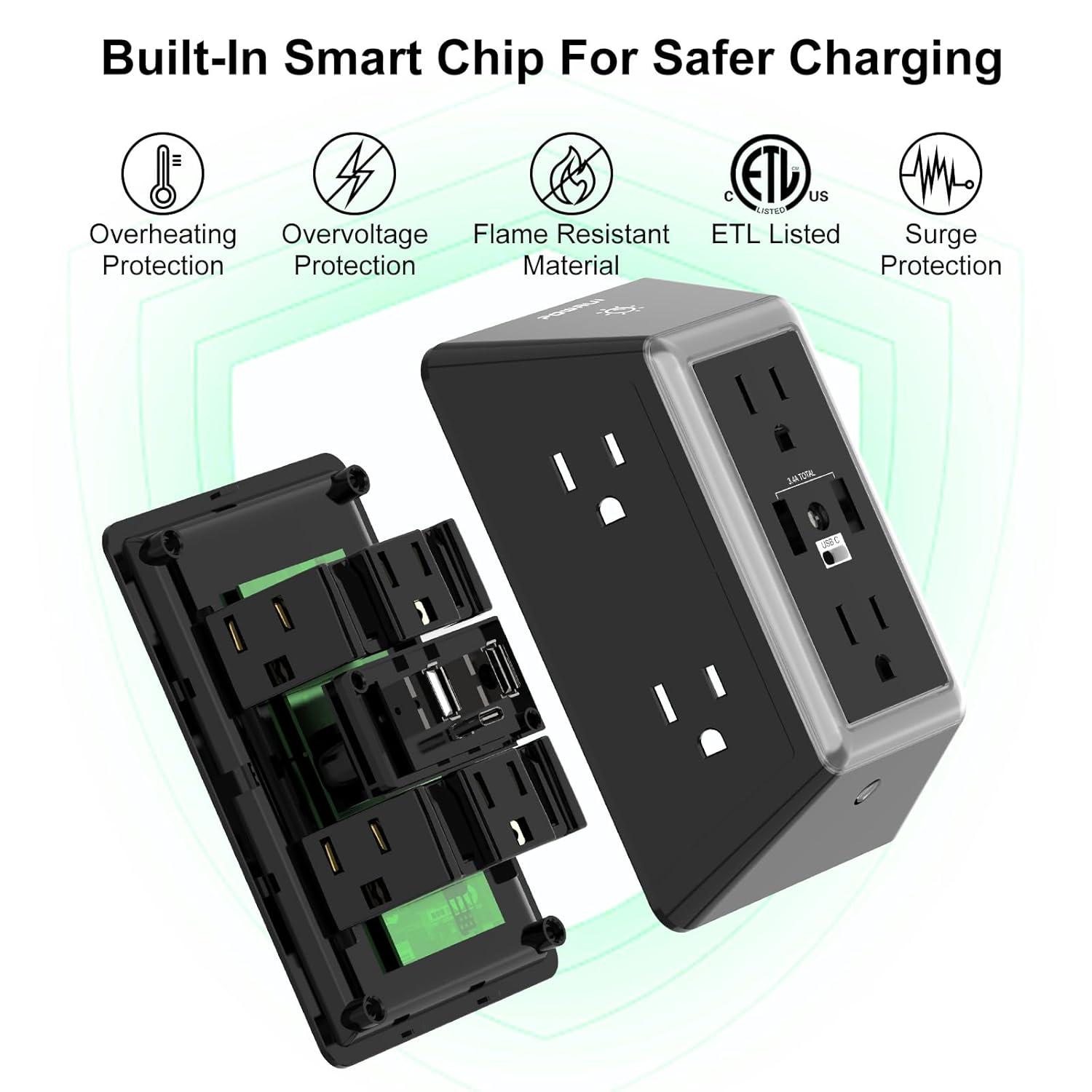 Outlet Extender Power Strip, POWRUI 6 AC Surge Protector Outlets with 3 USB Ports (1 USB C) and Night Light, 3-Sided Multi Plug Wall Outlet with Spaced Outlets - Black, ETL Listed