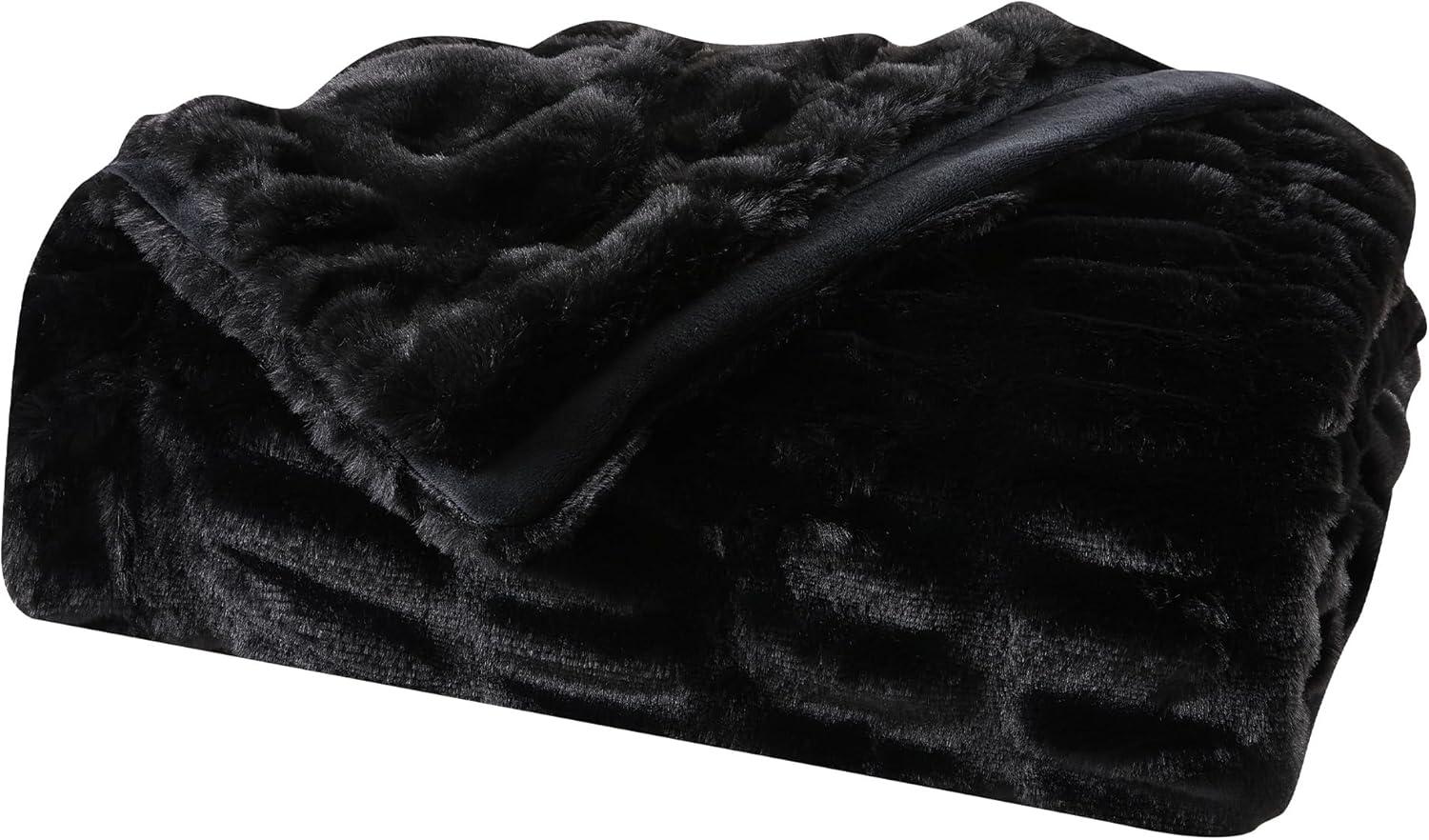 Black Faux Fur Reversible Throw Blanket with Ruched Design, 50" x 60"