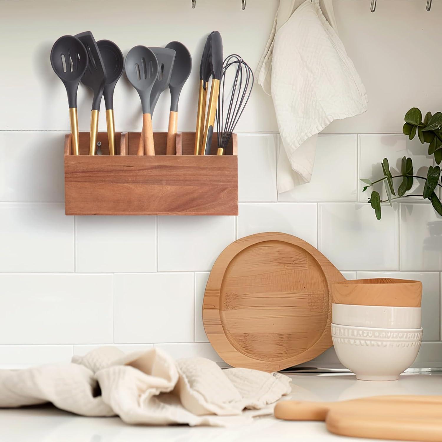 Wooden Utensil Holder for Kitchen Counter, Large Acacia Rustic Utensil Holder for Countertop with 3 Compartments, Wall Mounted Cooking Utensil Holder,