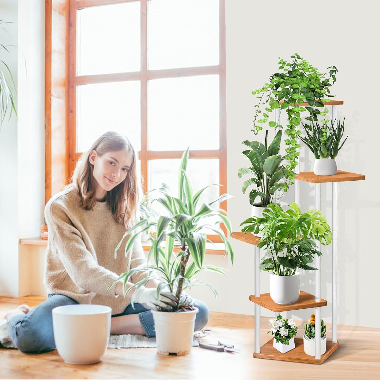 White and Wood 5-Tier Metal Plant Stand