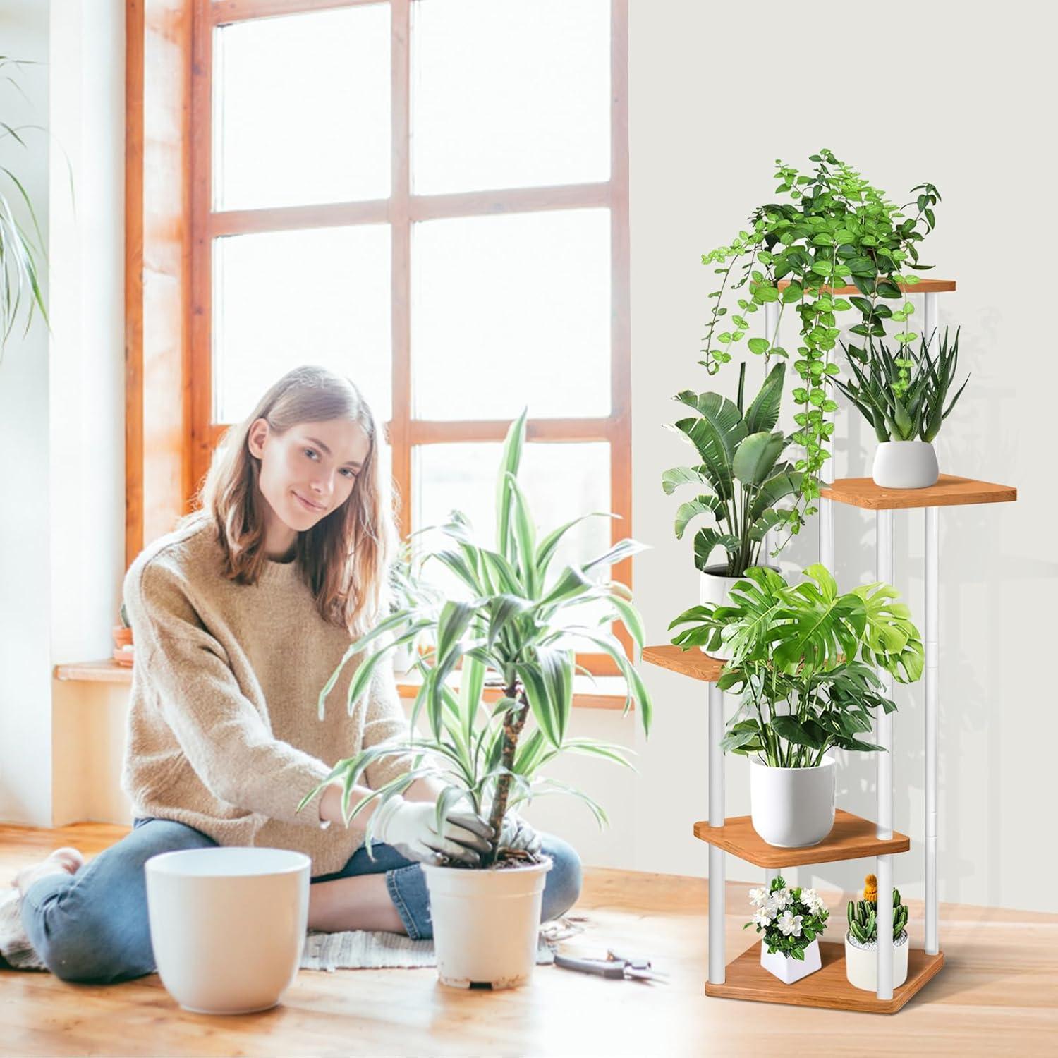 5 Tier Wood Tall Plant Stand Metal Rack Indoor, Multiple Flower Pot Holder Shelves Corner Rack, Planter Shelf Display Rack Storage Organizer for Patio Living Room Balcony Garden(White)