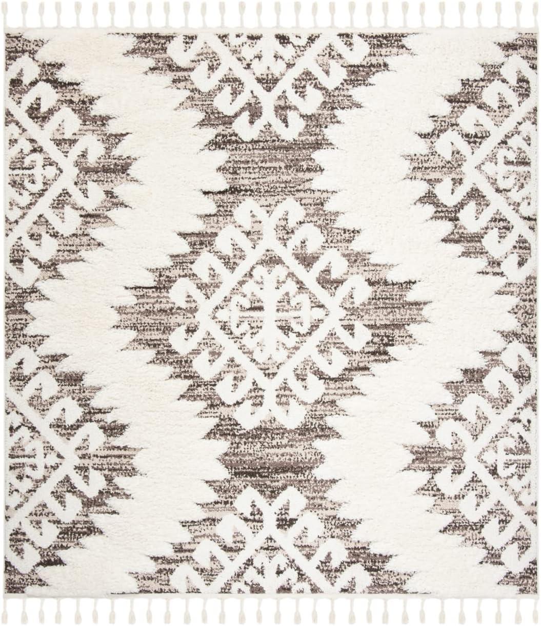 SAFAVIEH Moroccan Tassel Desmond Southwestern Shag Area Rug, Ivory/Brown, 11' x 11' Square