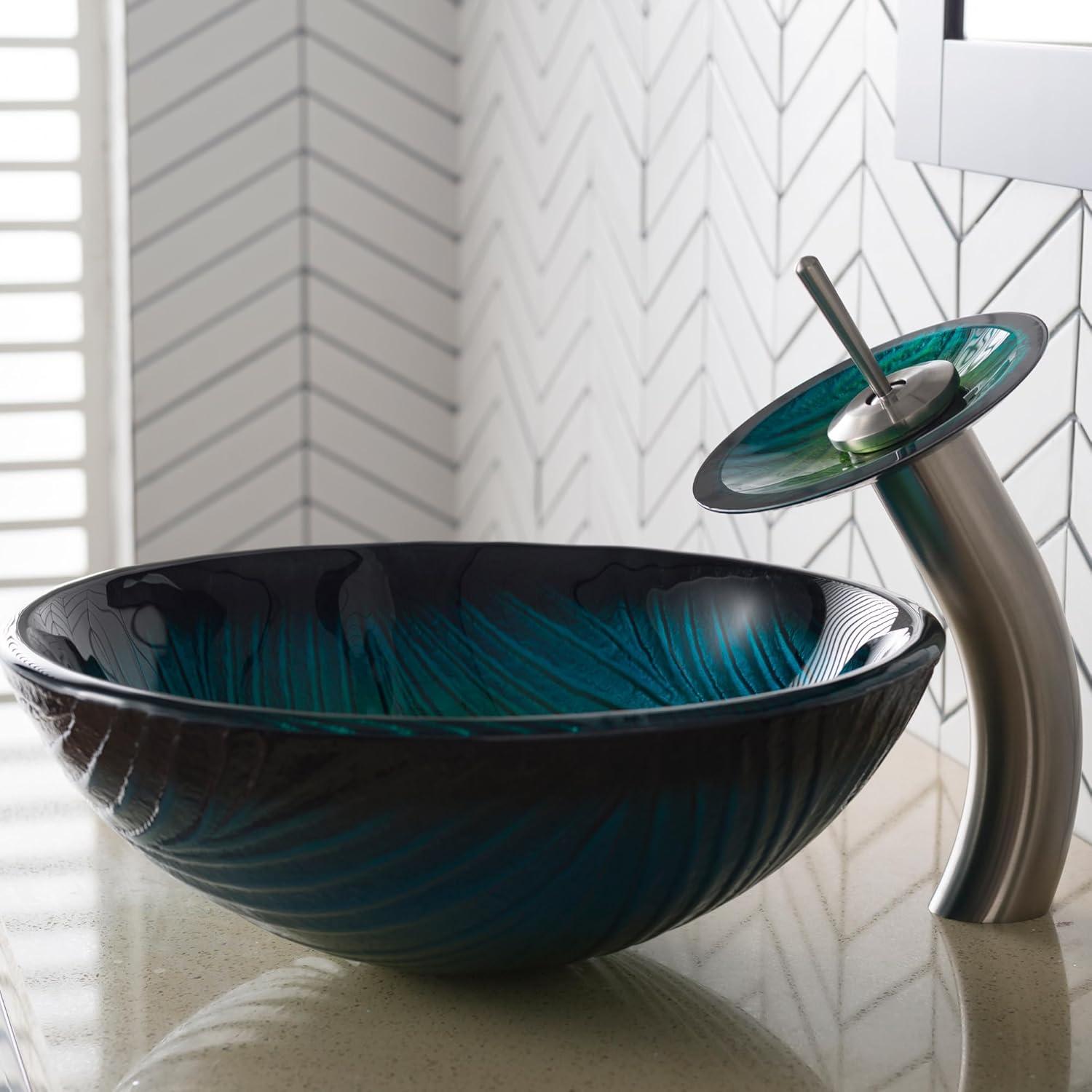 Kraus Nei Glass Bathroom Vessel Sink and Waterfall Faucet Set with Pop-Up Drain