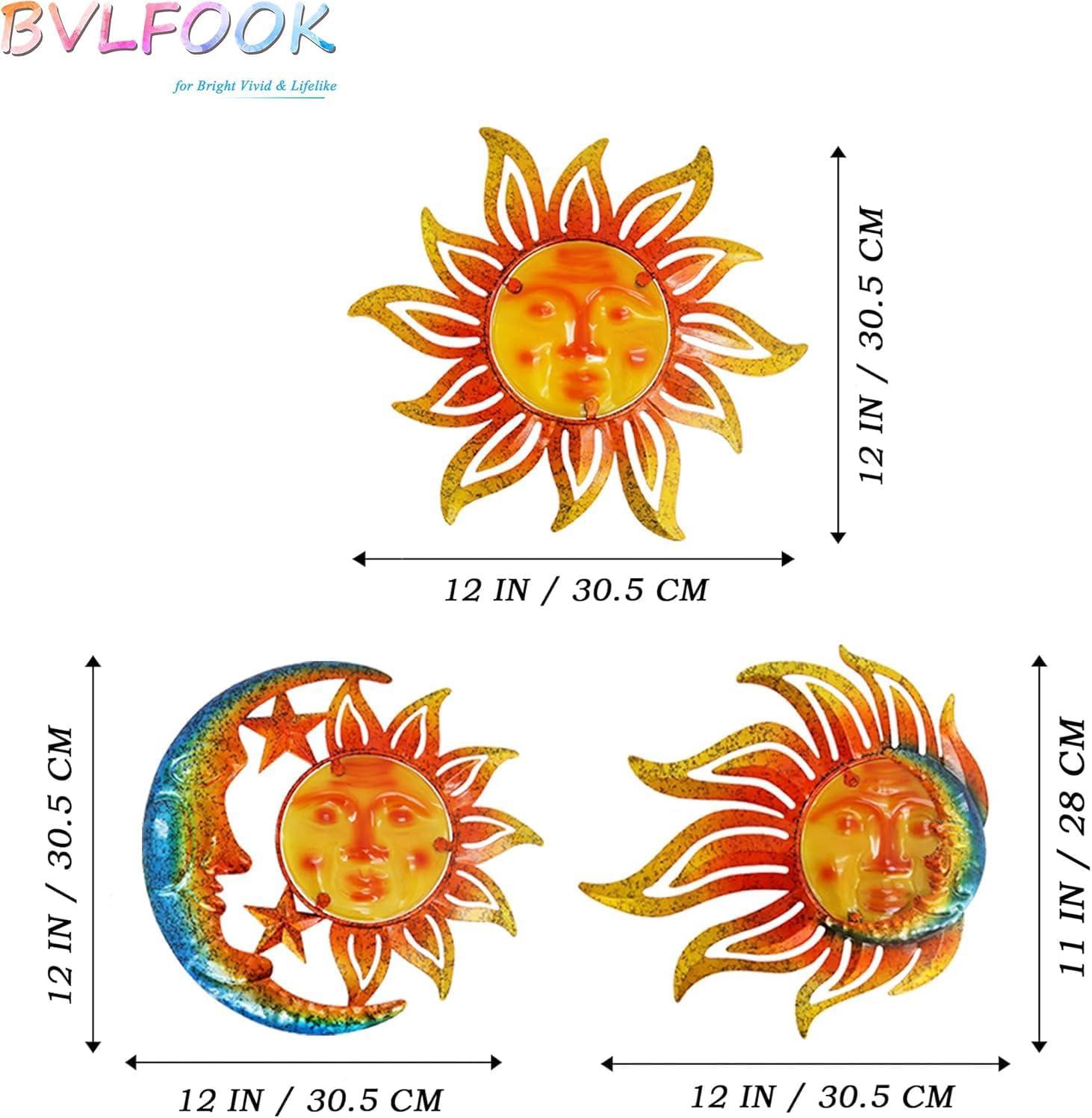 BVLFOOK Sun Face Metal Wall Art Decor Outdoor Indoor, Sun Moon Star, Metal & Glass Hanging Wall Patio Decorations for Outdoor Living Room Bedroom Garden Porch Fence Balcony, Set of 3, 9 inch Large