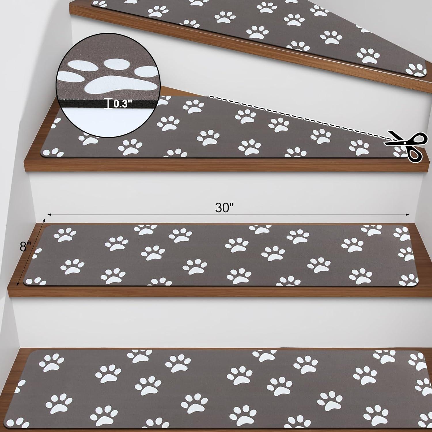 Bungalow Rose Stair Treads Non Slip For Wooden Steps, 15PCS 8"X30" Grey Rubber Backing Stair Runner Mats, Washable Reusable Carpet For Stairs Rugs Indoor Safety Staircase Step Treads For Kids Elders Dogs