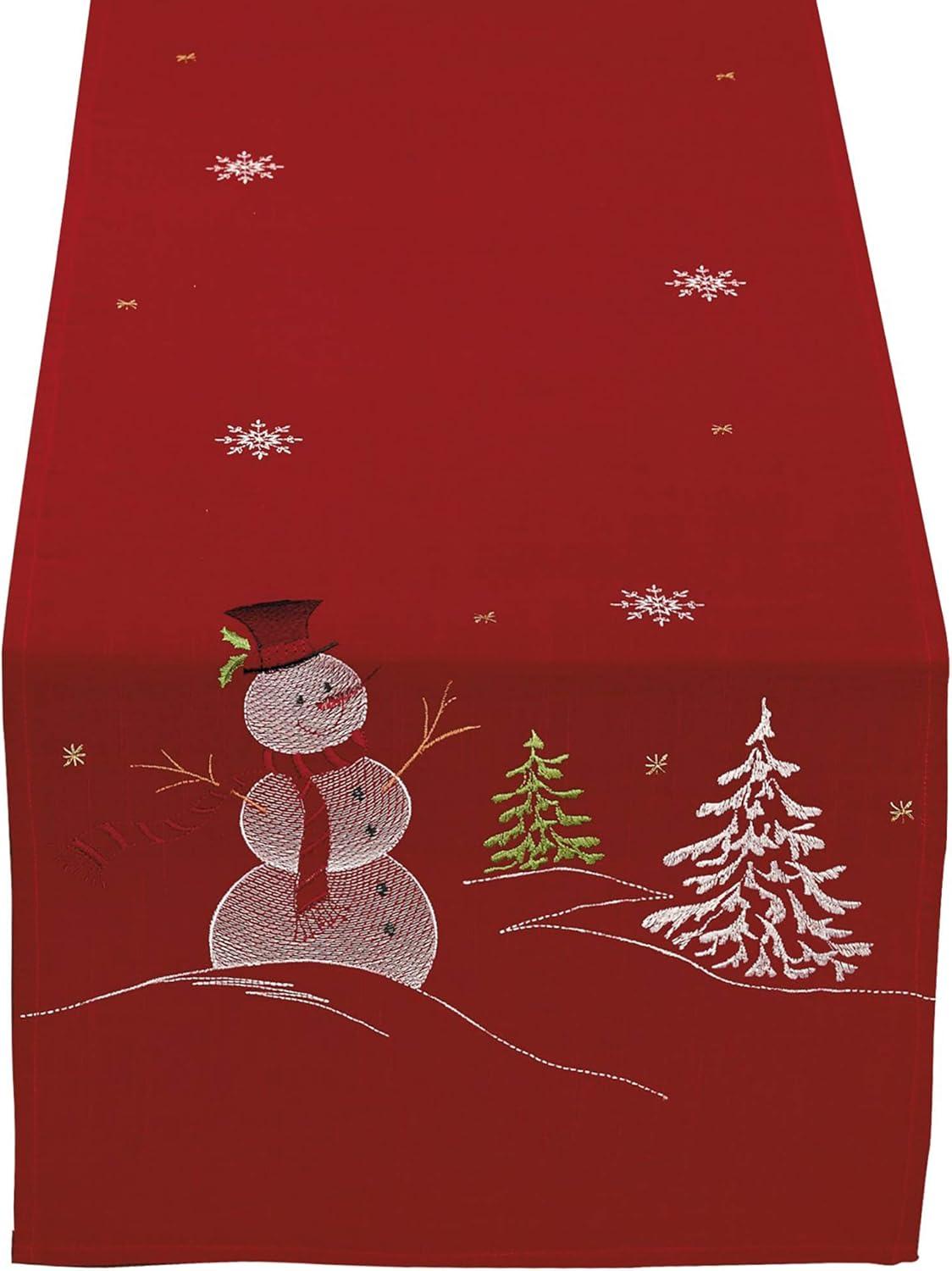 DII Embroidered Holiday Table Décor Collection Christmas Kitchen, Snowman Table Runner, 14x70, Red