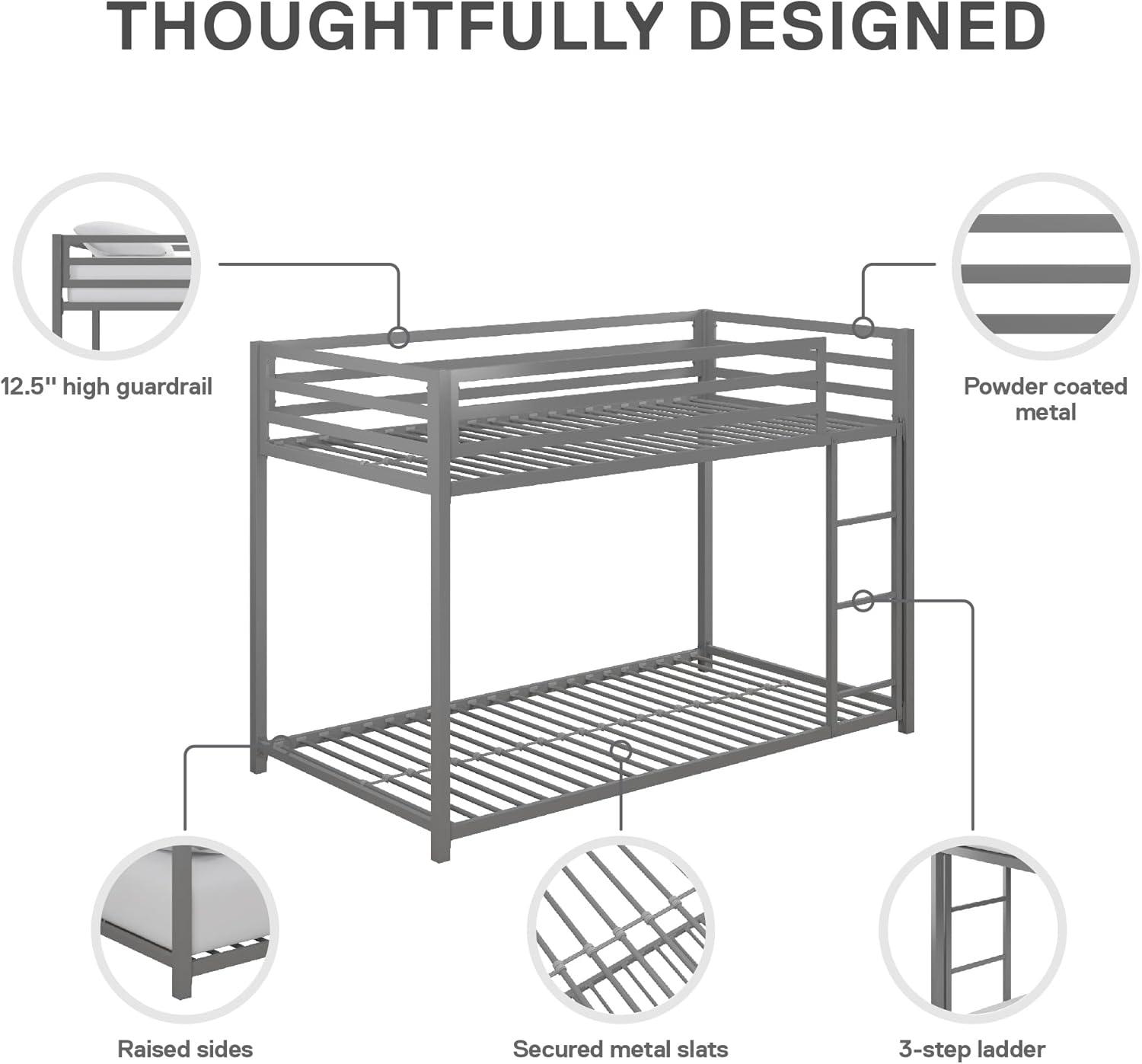 DHP Miles Low Bunk Bed for Kids, Twin Over Twin, Silver