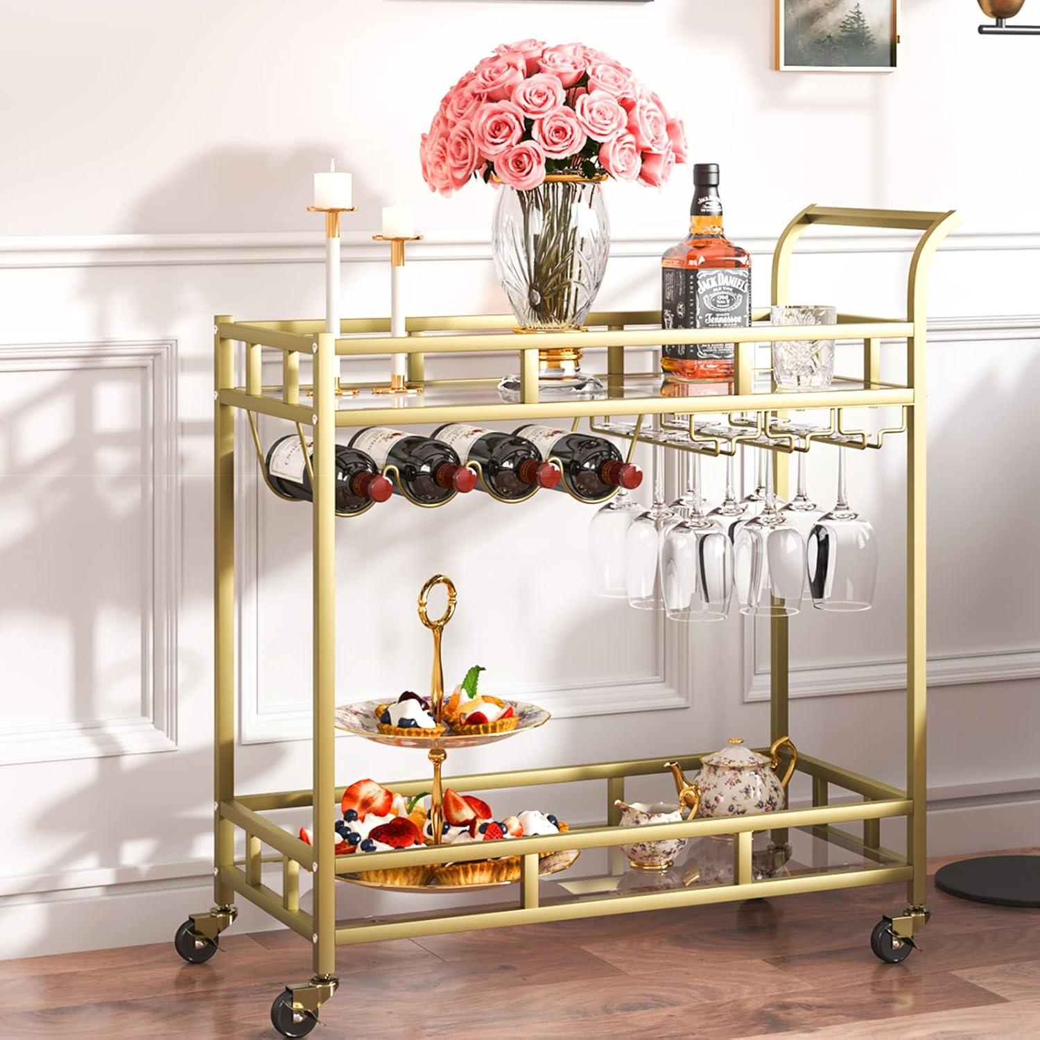 Gold Two-Tier Bar Cart with Wine Rack and Glass Shelves