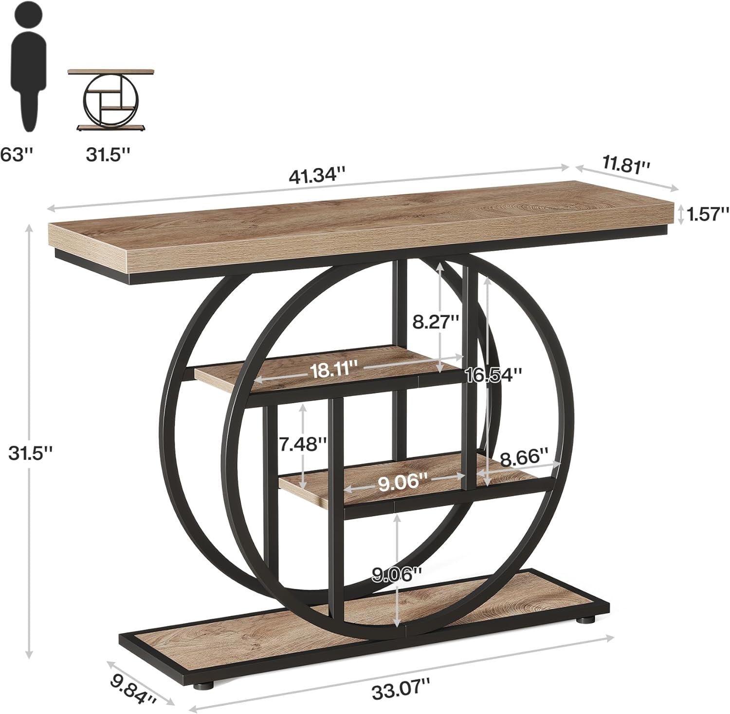 Tribesigns Industrial 4-Tier Sofa Table with Circle Base, 41.3" Console Table Narrow Wood Accent Tables with Storage Shelves for Living Room, Hallway, Foyer, Rustic Brown