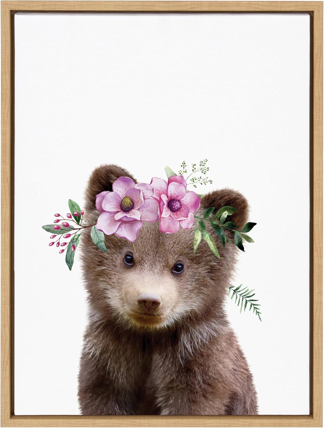 Kate & Laurel All Things Decor 18"x24" Sylvie Flower Crown Bear Framed Wall Art: Nursery Decor, Animal Theme