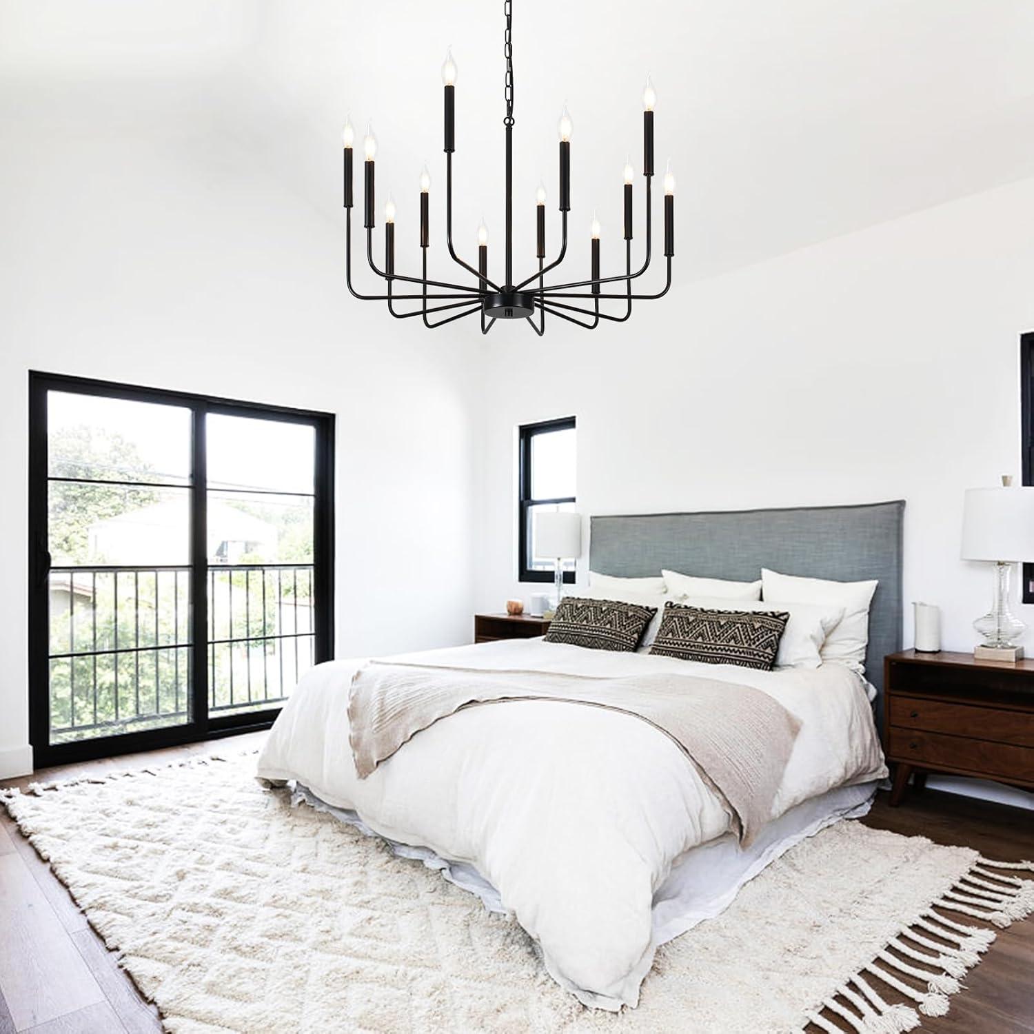 Vikaey Metal Black Chandelier, 12-Light Farmhouse Classic Candle Ceiling Hanging Light Fixture, Rustic Pendant Lighting for Kitchen Island, Dining Room, Living Room, Stair, UL Listed