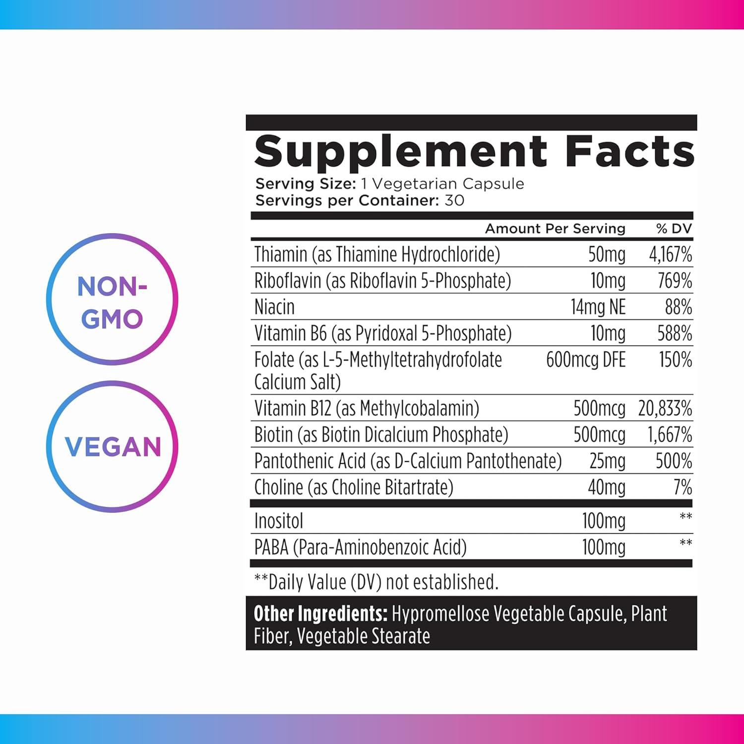 Livingood Daily Vitamin B Complex Capsules - B-Complex Vitamin Supplement for Women & Men - Supports Nervous System Health, Cognitive Function - Promotes Skin, Heart & Hair Health - Vegan, 30 Capsules