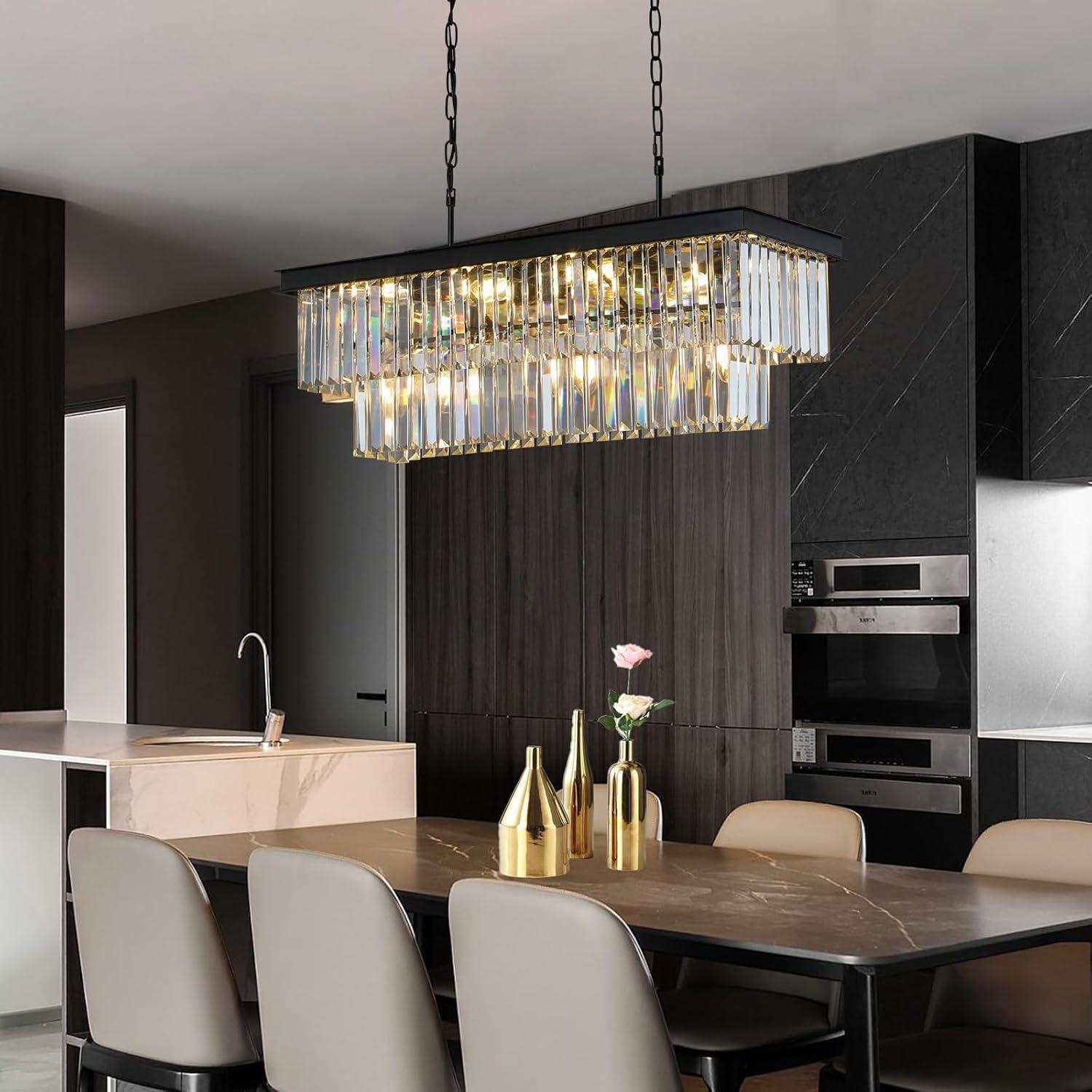 Crystal Chandeliers for Dining Room 11-Light Black Modern Chandelier Rectangle Contemporary Pendant Light Fixture for Kitchen Island Bar