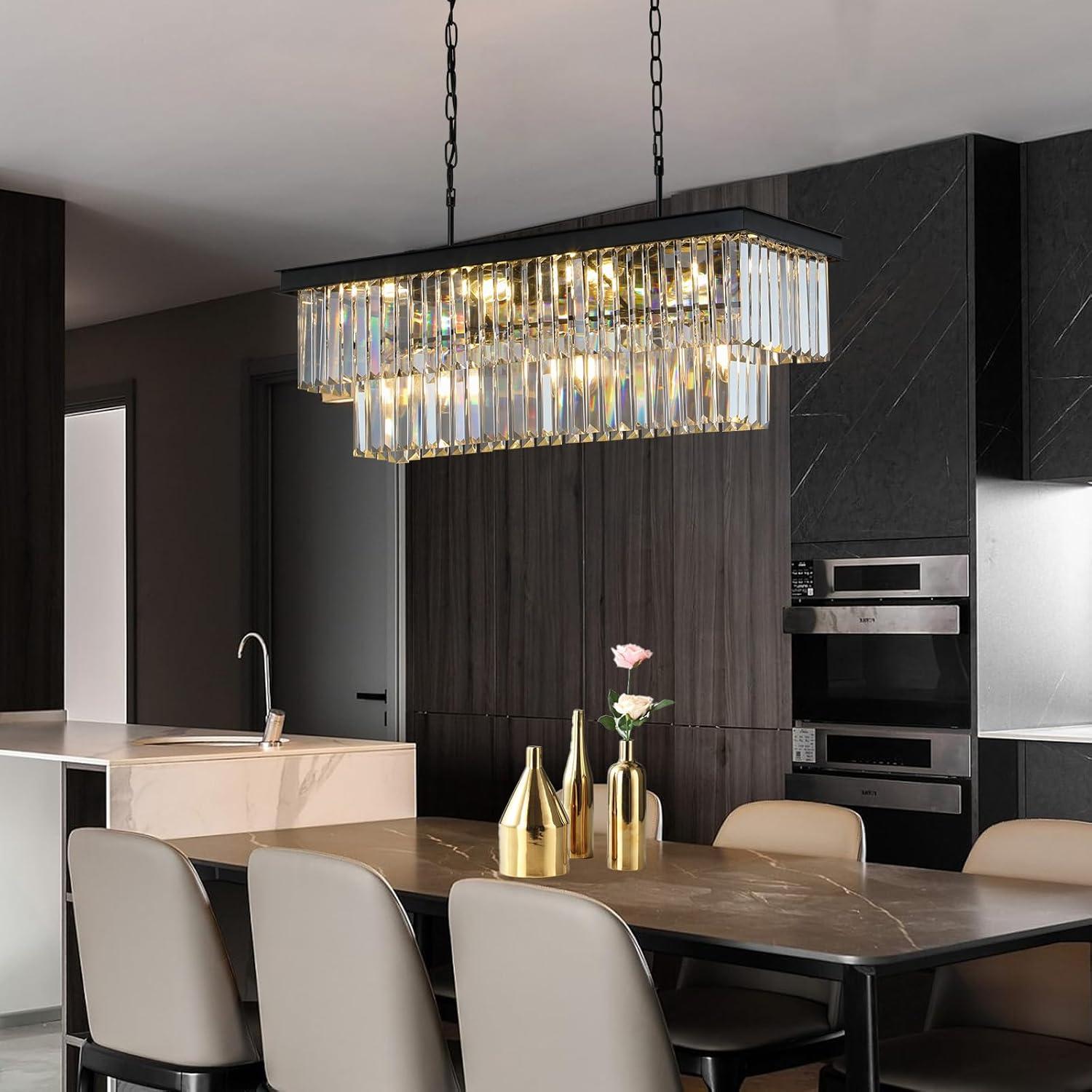 Crystal Chandeliers for Dining Room 11-Light Black Modern Chandelier Rectangle Contemporary Pendant Light Fixture for Kitchen Island Bar