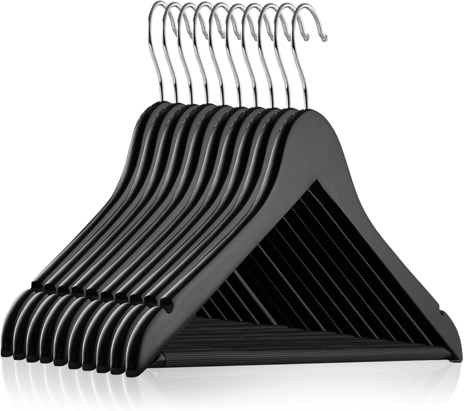 Casafield Wooden Suit Hangers, Non-Slip Pant Bar & Swivel Hook, Black - Set of 10