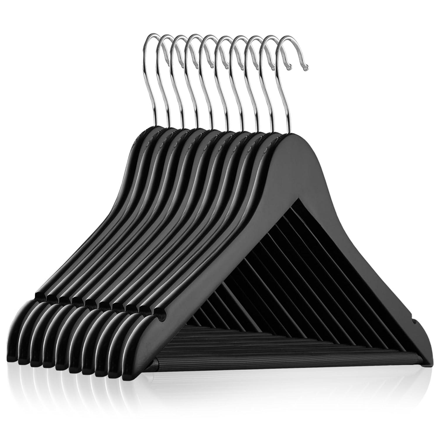 Casafield Wooden Suit Hangers, Non-Slip Pant Bar & Swivel Hook, Black - Set of 10