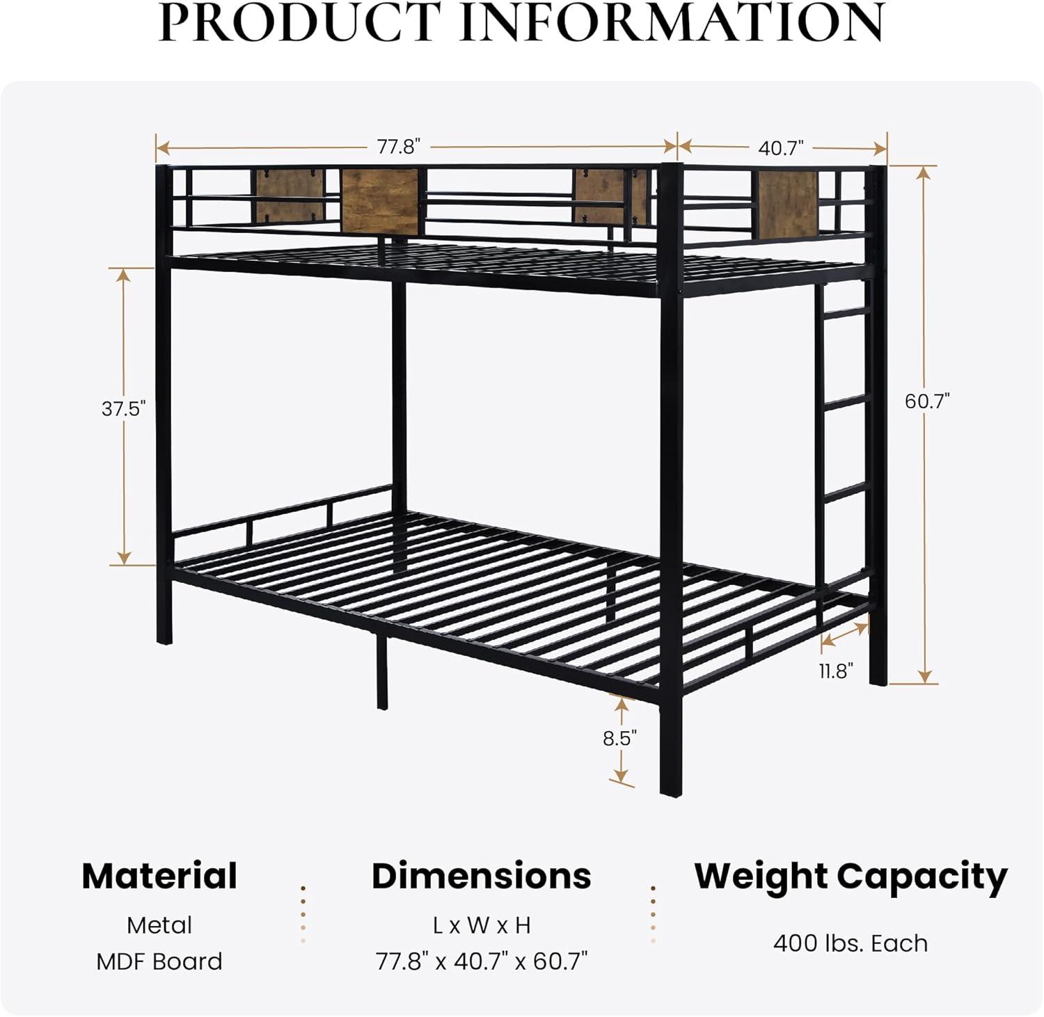 Twin Over Twin Black Metal Bunk Bed with Ladder and Guardrail