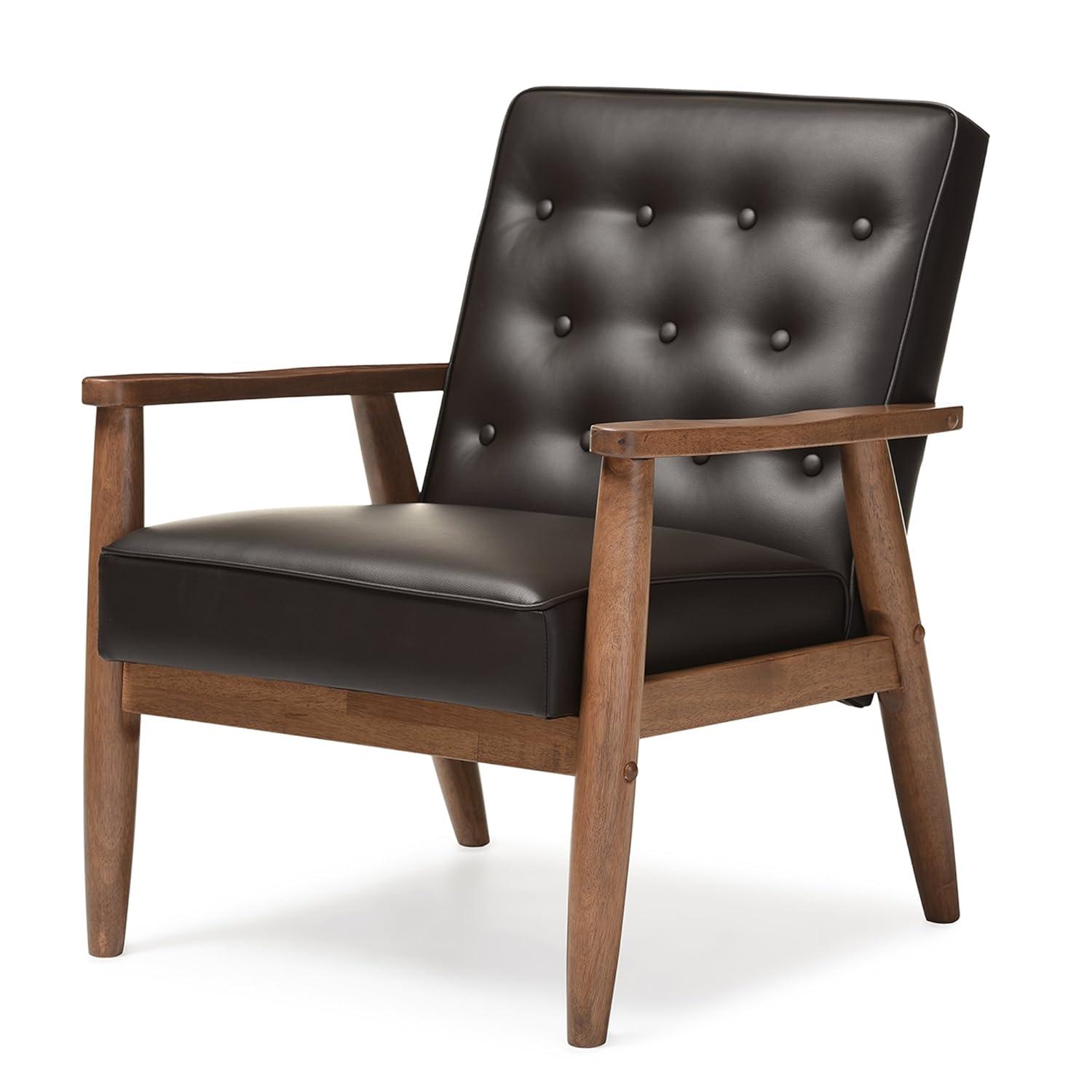 Baxton Studio Sorrento Mid-century Retro Modern Brown Faux Leather Upholstered Wooden Lounge Chair