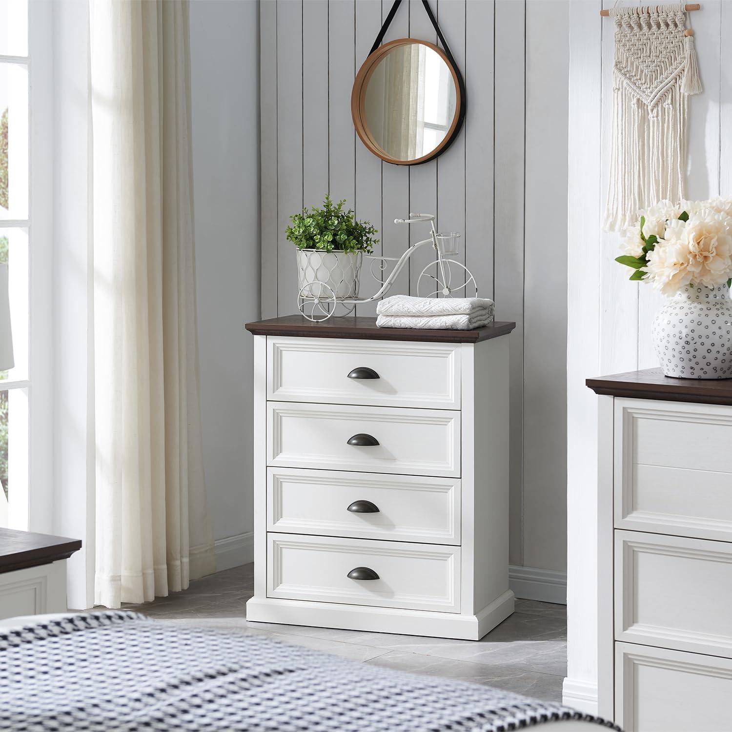 SinCiDo Dresser for Bedroom,4 Drawer Bedroom Dresser,Drawer White Dresser Organizer Storage, Farmhouse Wood Rustic Tall Dresser Chest of Drawer for Closet, Living Room, Hallway, Children's Room, Wihte