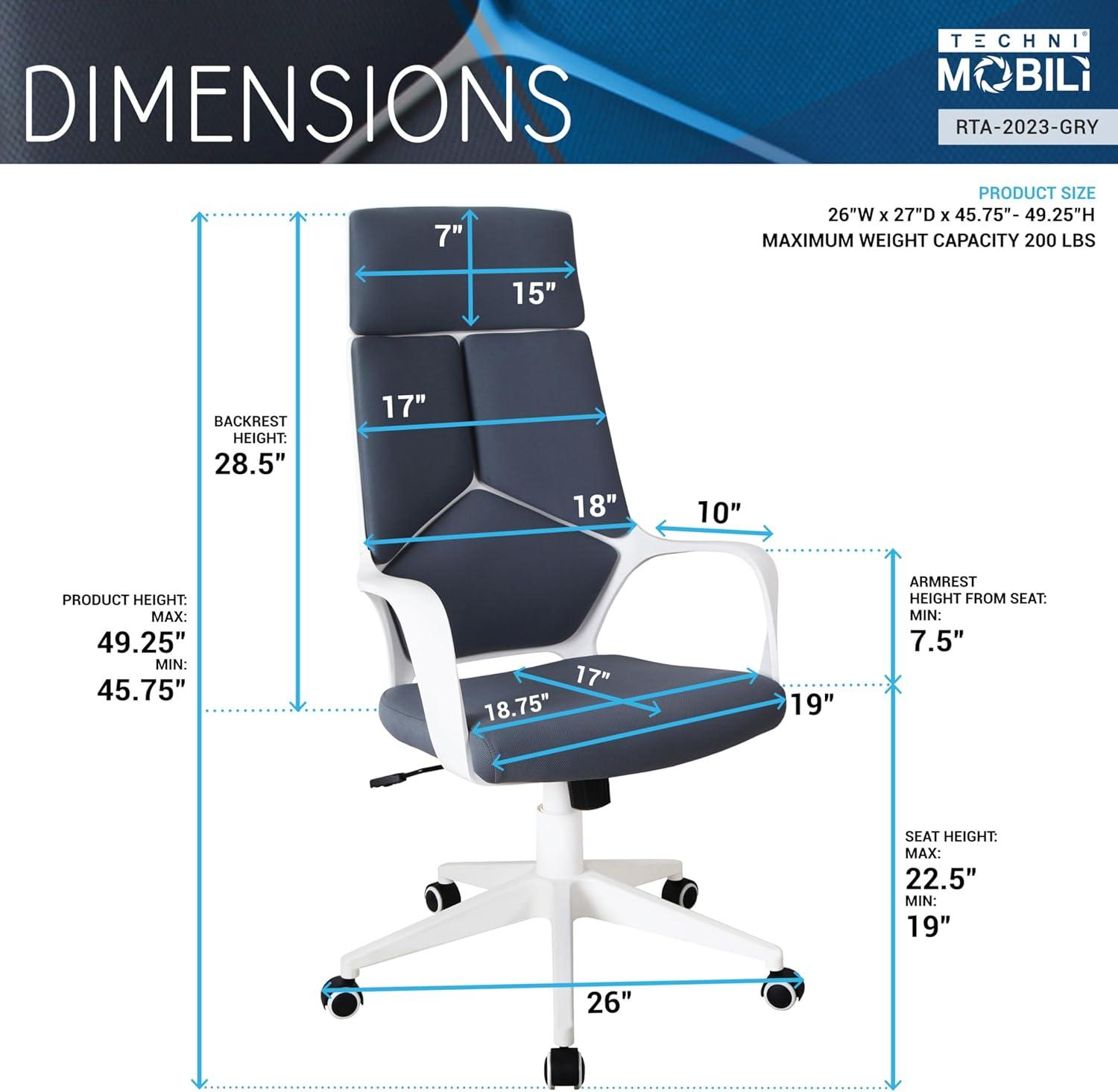 Modern Studio Office Chair Gray/White - Techni Mobili: Swivel, Adjustable, Ergonomic with Nylon Base