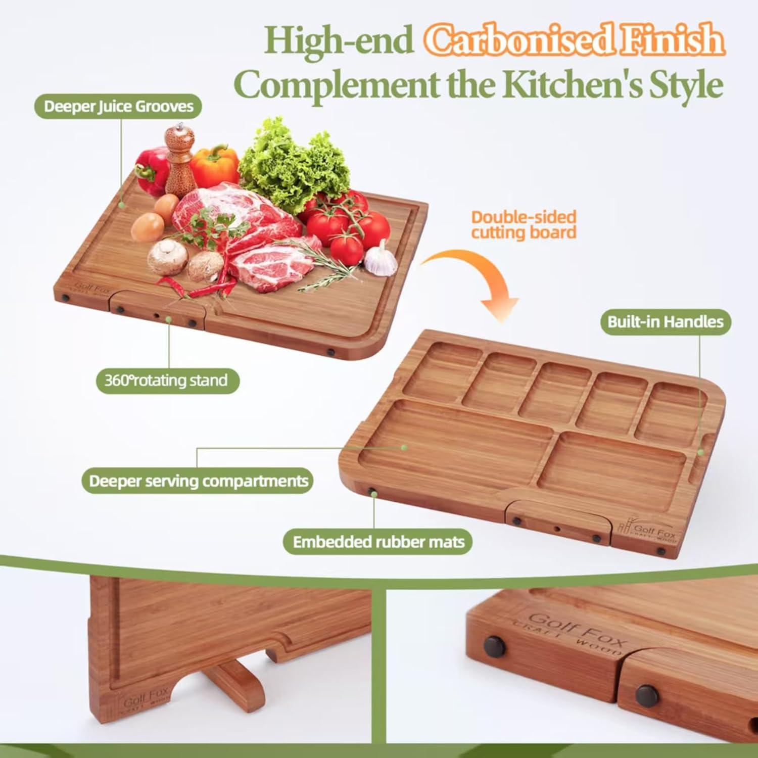 Golf-Fox XL Bamboo Cutting Board - Wood Cutting Board with Stand, Double-Sided: Chopping Board and Charcuterie Board, Kitchen Gift for Home Cooks, For Meat &Fruit