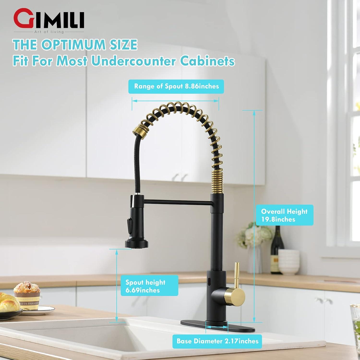GIMILI Black and Gold Touchless Kitchen Faucet with Pull Down Sprayer Motion Sensor Smart Hands-Free Activated Single Hole Spring Faucet for Kitchen Sink