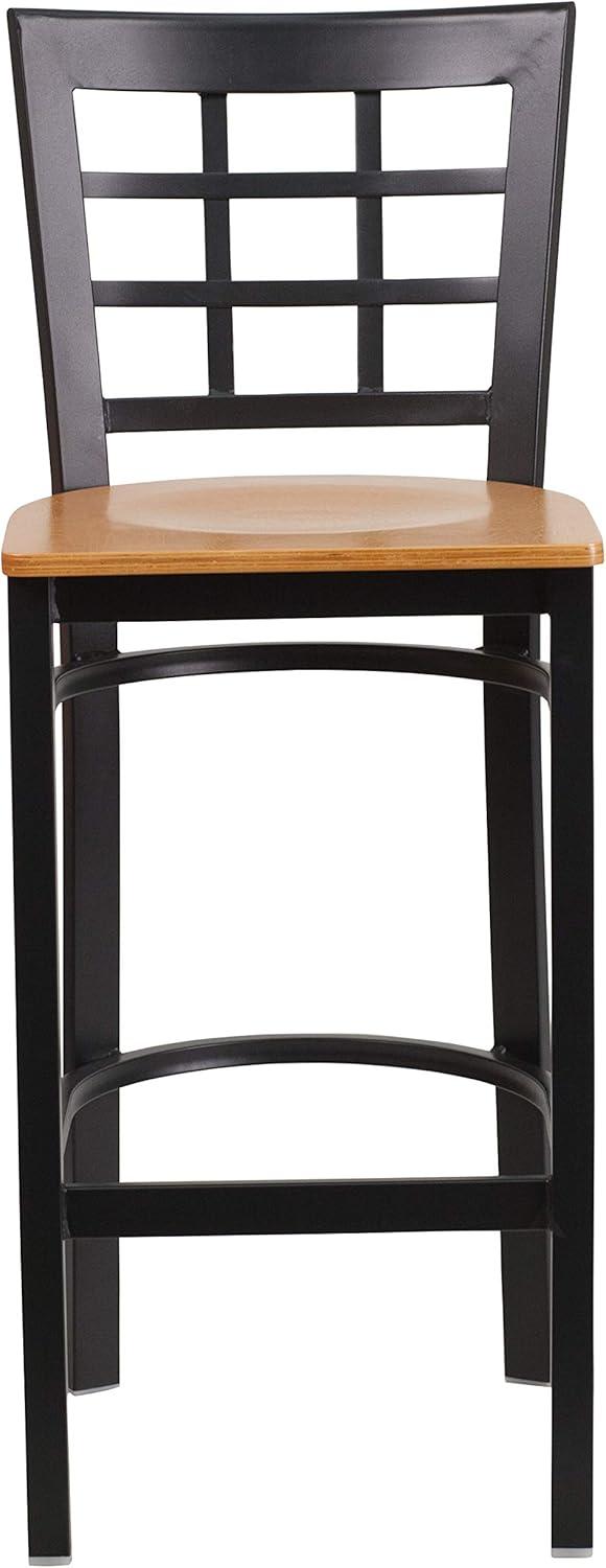 Flash Furniture HERCULES Series Black Window Back Metal Restaurant Barstool - Natural Wood Seat