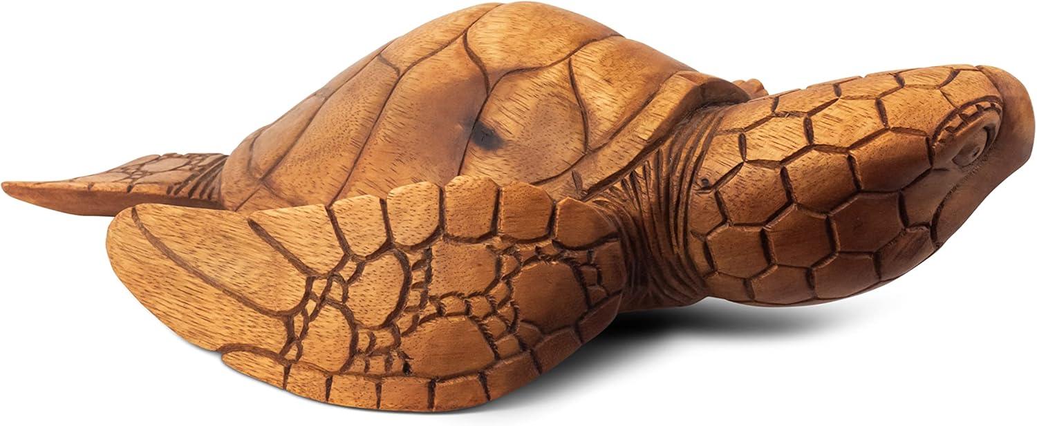 Handcrafted Mahogany Suar Wood Sea Turtle Sculpture, 12"