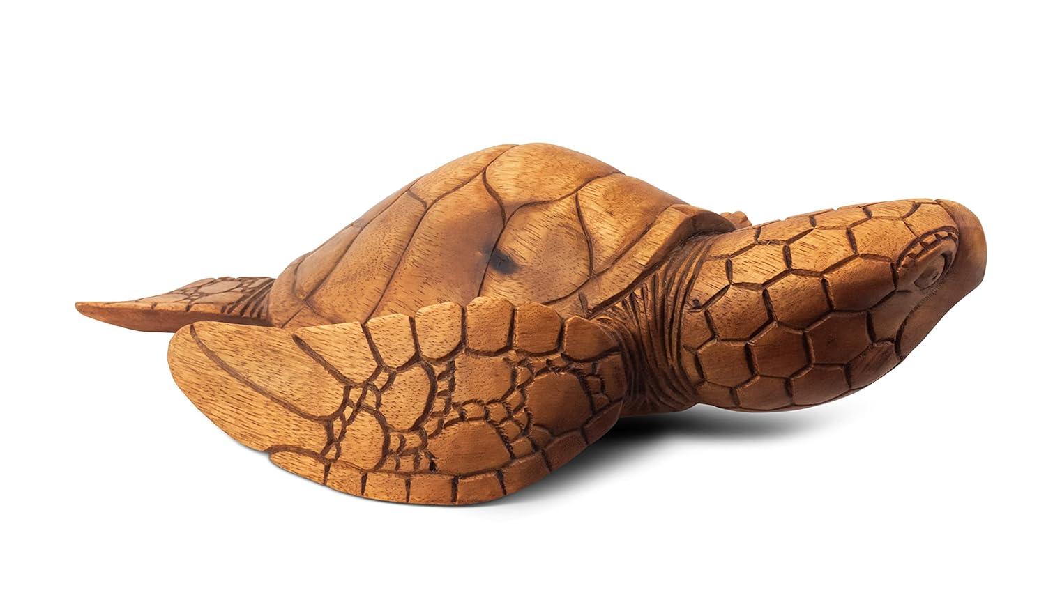 Handcrafted Mahogany Suar Wood Sea Turtle Sculpture, 12"