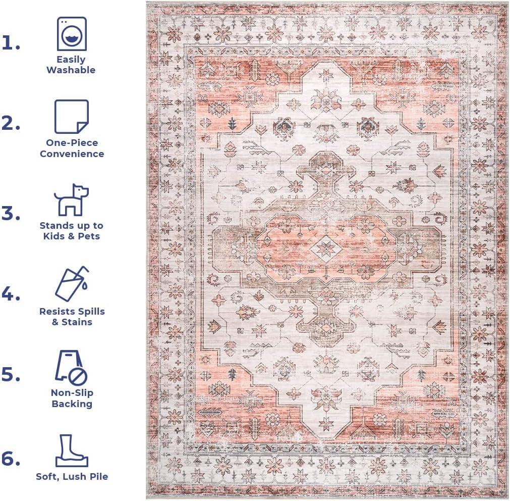 Beige Vintage Medallion Machine Washable Area Rug