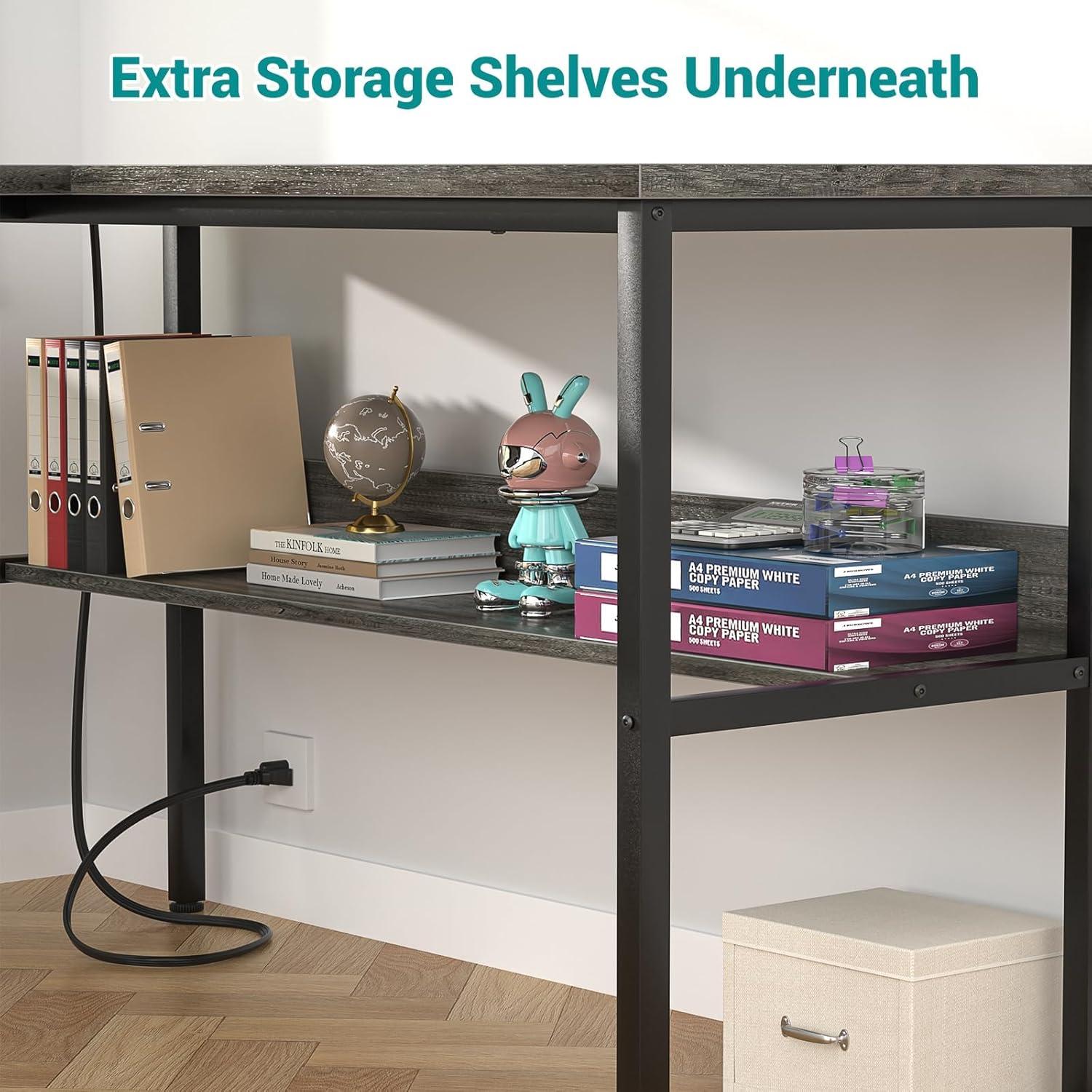 Reversible L Shaped Gaming Desk with Power Outlets and USB Charging Ports, Sturdy Computer Desk with Storage Shelf, Modern Corner Desk Home Office Table, Easy to Assemble, Gray Oak