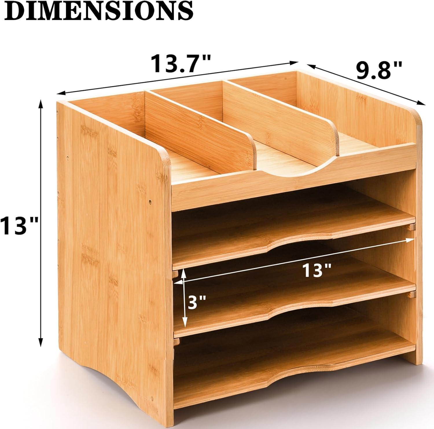 Hokku Designs Bamboo Desk File Organizer,Document Letter Tray Sorter With 2 Adjustable Shelves, 4 Tier Mail Organizer Countertop