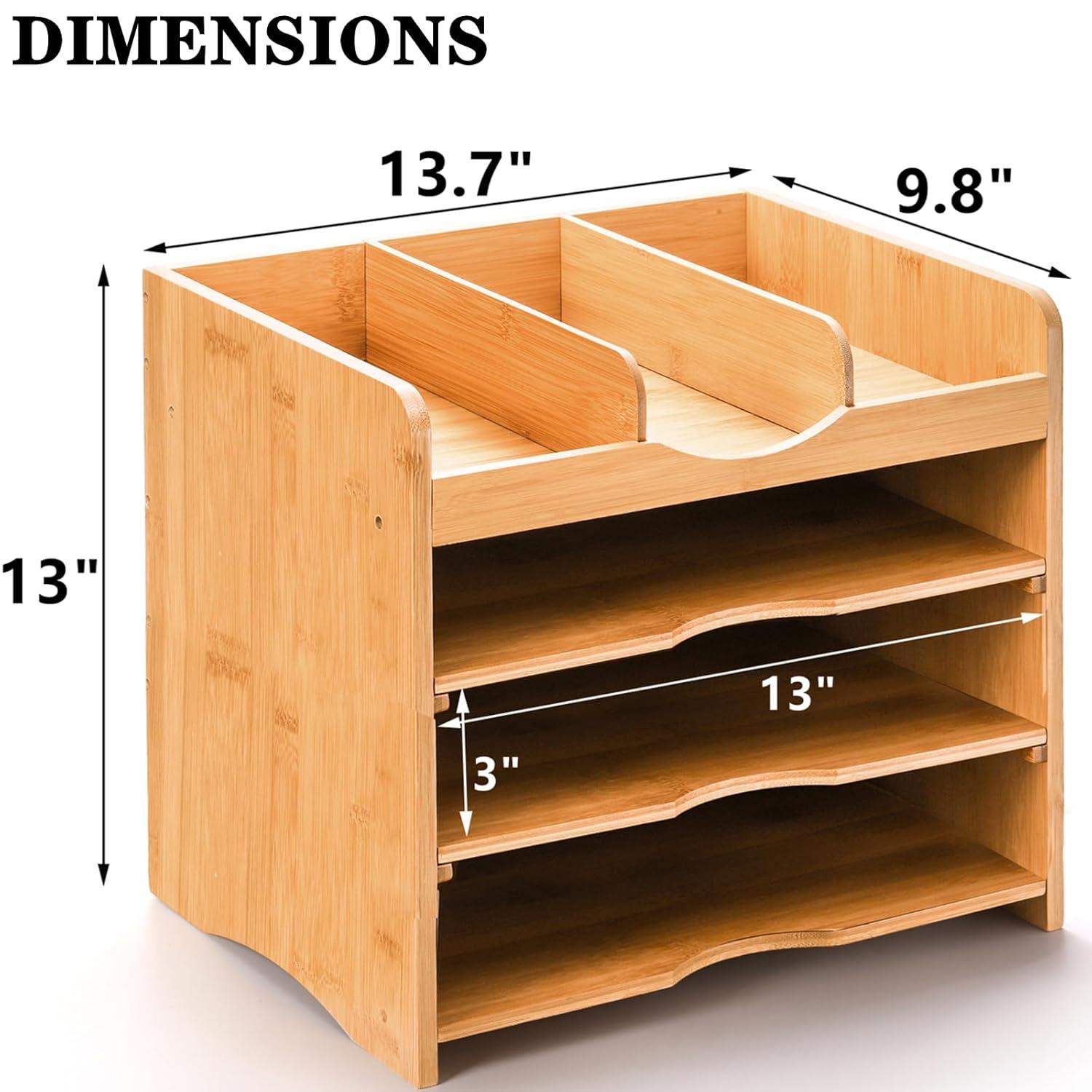 Hokku Designs Bamboo Desk File Organizer,Document Letter Tray Sorter With 2 Adjustable Shelves, 4 Tier Mail Organizer Countertop