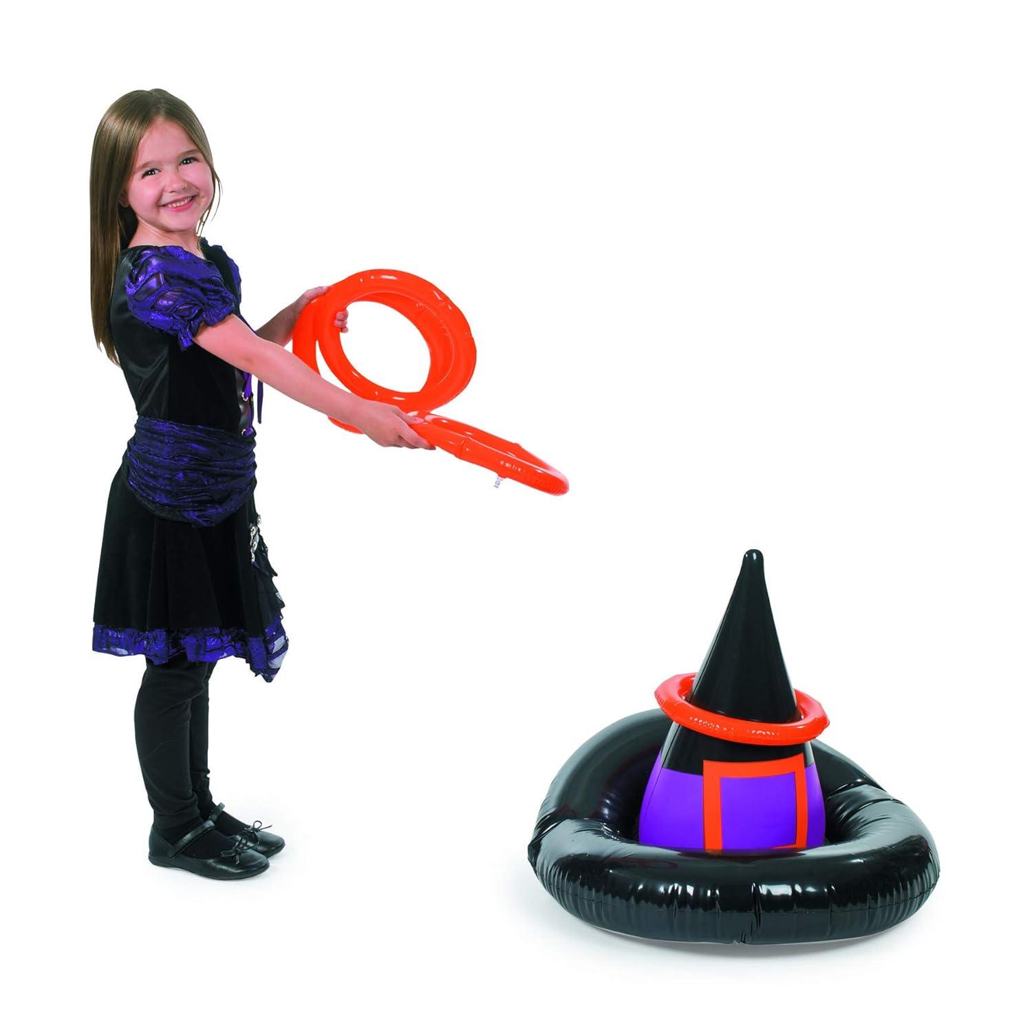 Inflatable Black Witch Hat Ring Toss Game with Orange Rings