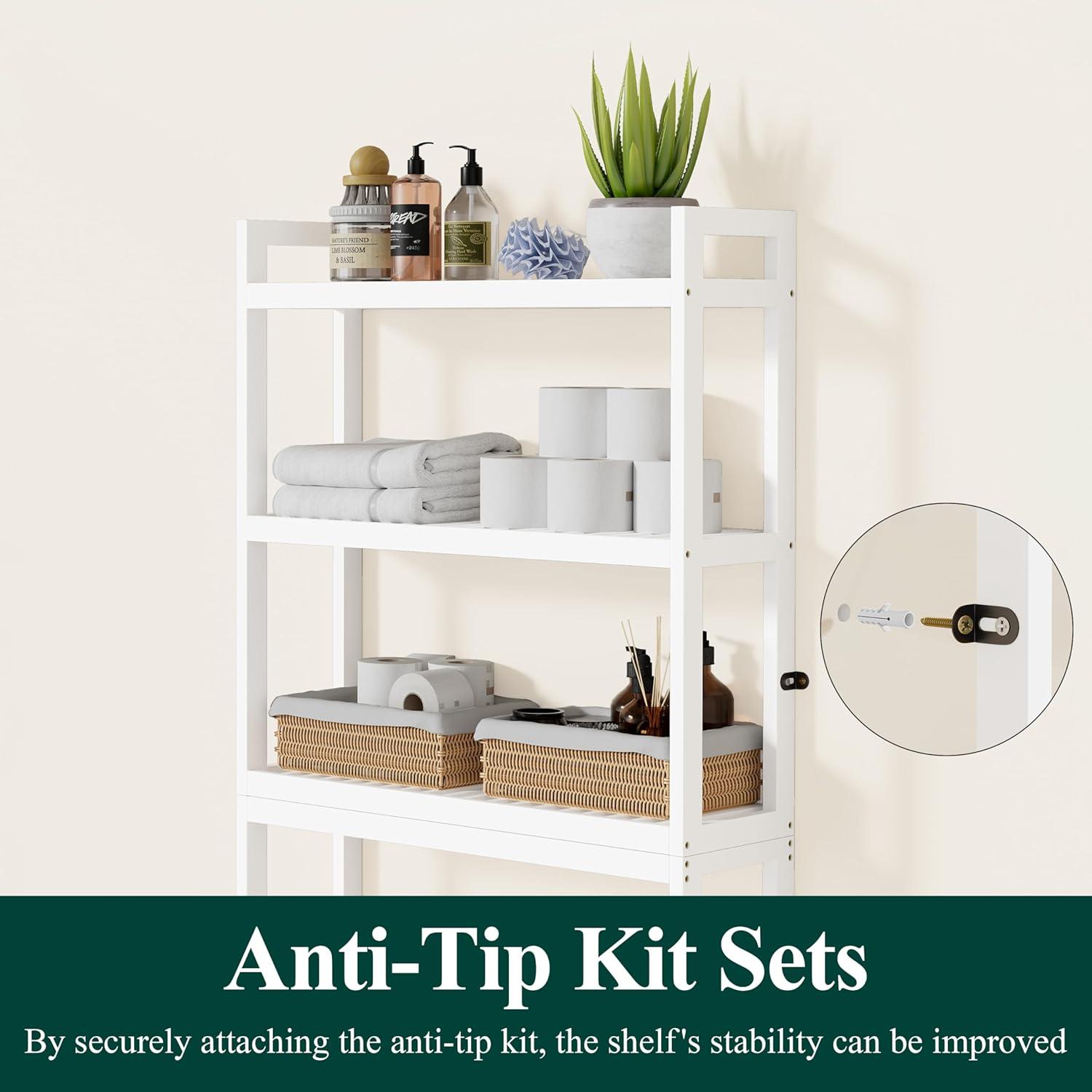 Over The Toilet Storage, 3-Tier Bathroom Organizer Over Toilet with Sturdy Bamboo Shelves,Multifunctional Toilet Shelf,Easy to Assemble and Saver Space, 25 * 10 * 64 Inches, White