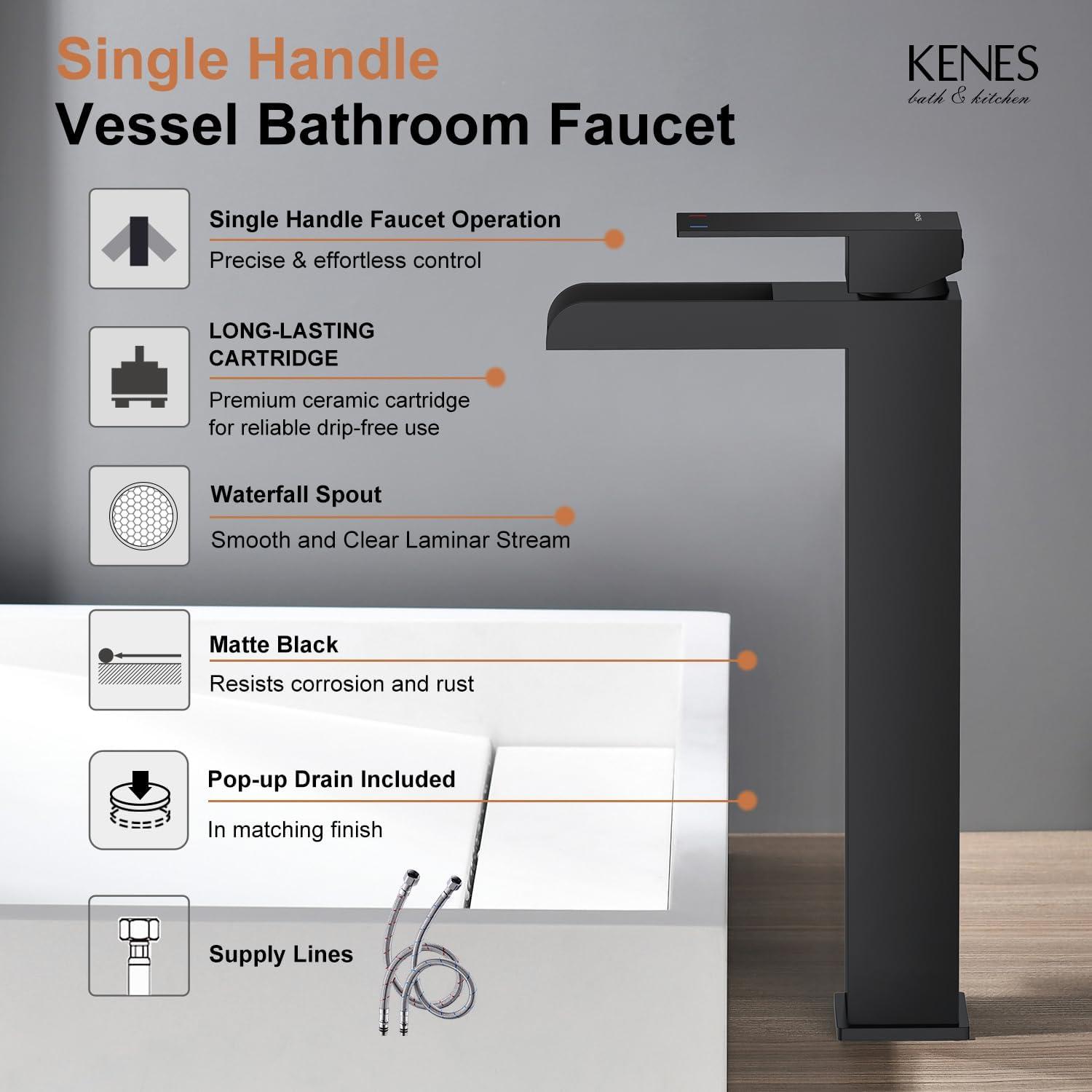 Matte Black Stainless Steel Tall Waterfall Bathroom Faucet